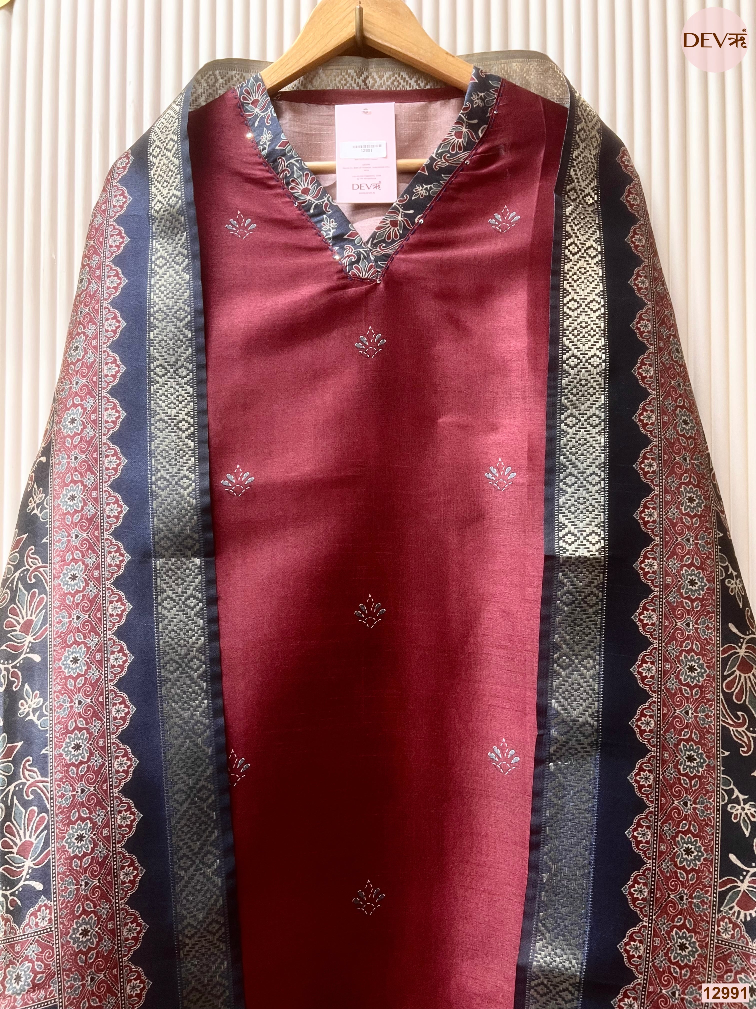 Maroon Raw Silk Printed Unstitched 3-Piece Suit (Devri – D.No 12991)