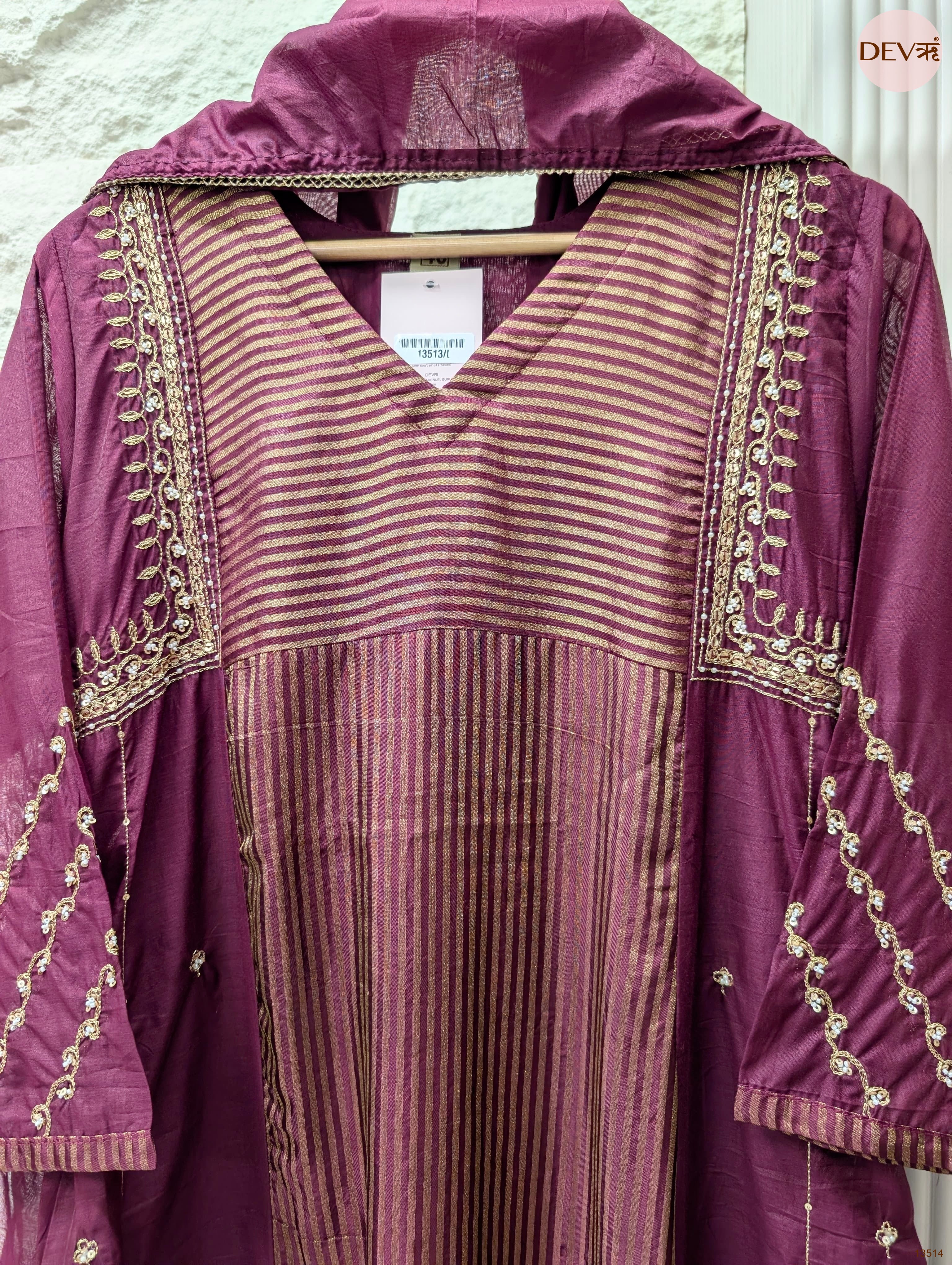 Meher Mul chanderi Embroidered Wine 3-Piece Set (Devri – D.No 13514)