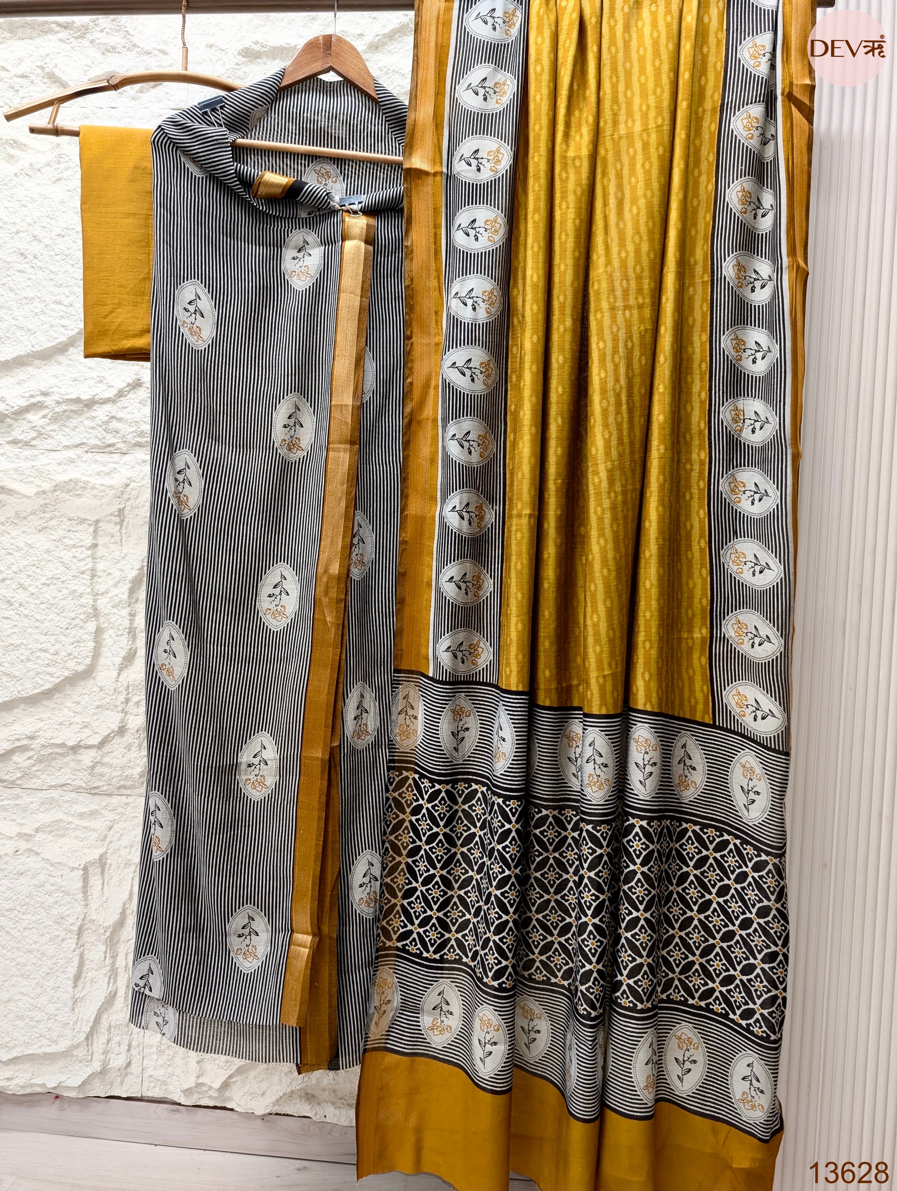 Black Maheshwari Silk Printed Unstitched 3-Piece Suit (Devri – D.No 13628)