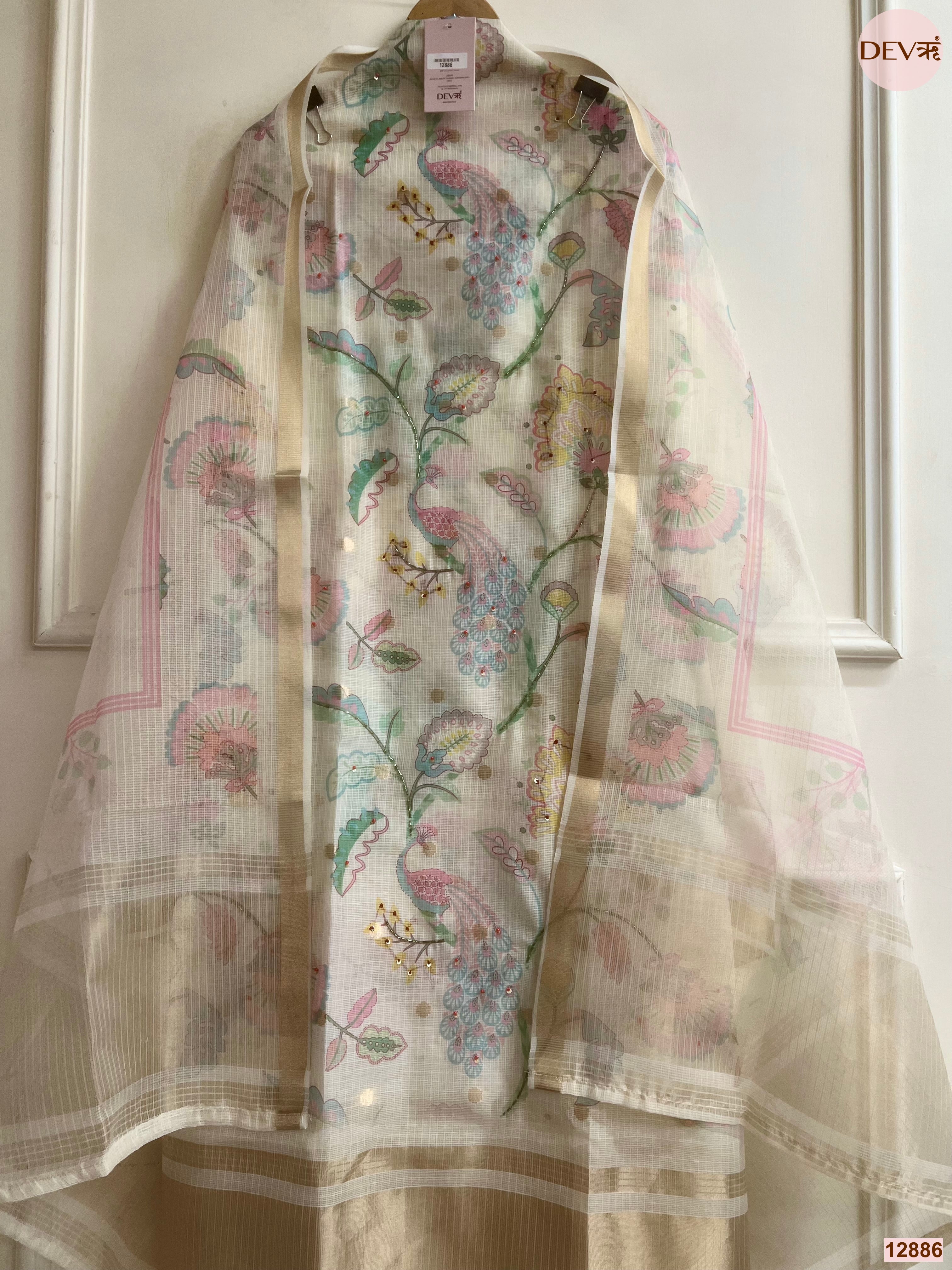 Cream Kota Printed Unstitched 3-Piece Suit (Devri – D.No 12886)