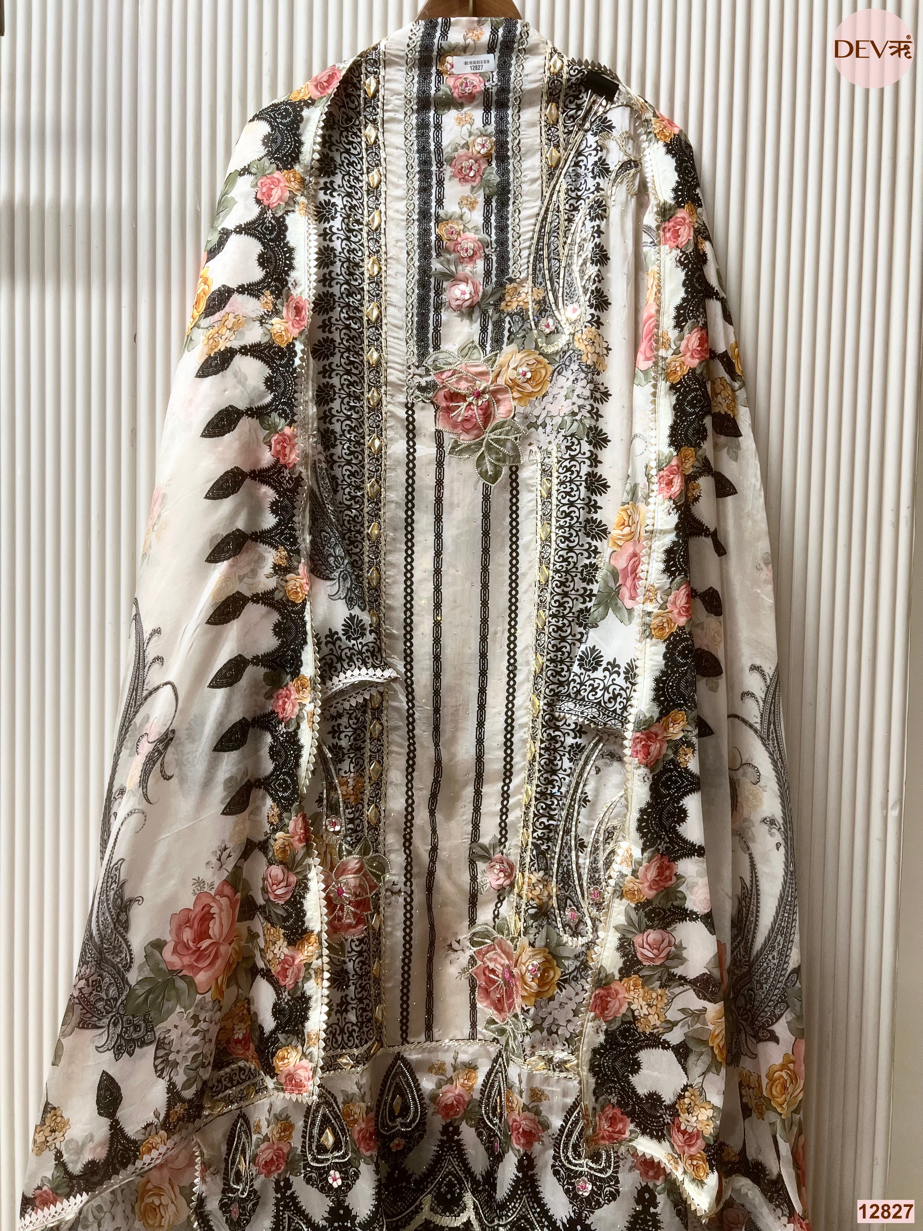 White Glass Organza Silk Printed Unstitched 3-Piece Suit (Devri – D.No 12827)