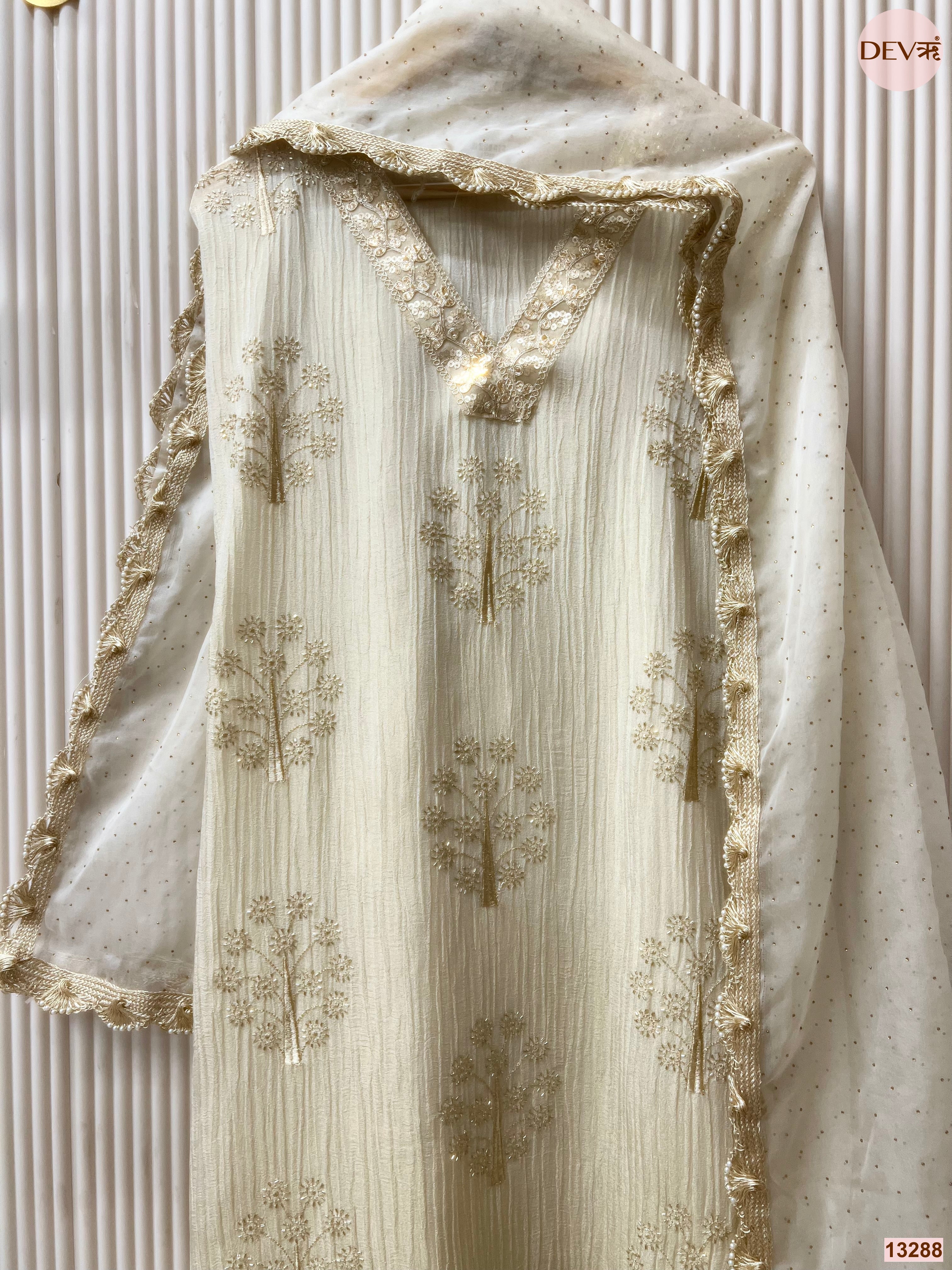 Cream Chinon Crush Embroidered Unstitched 3-Piece Suit (Devri – D.No 13288)