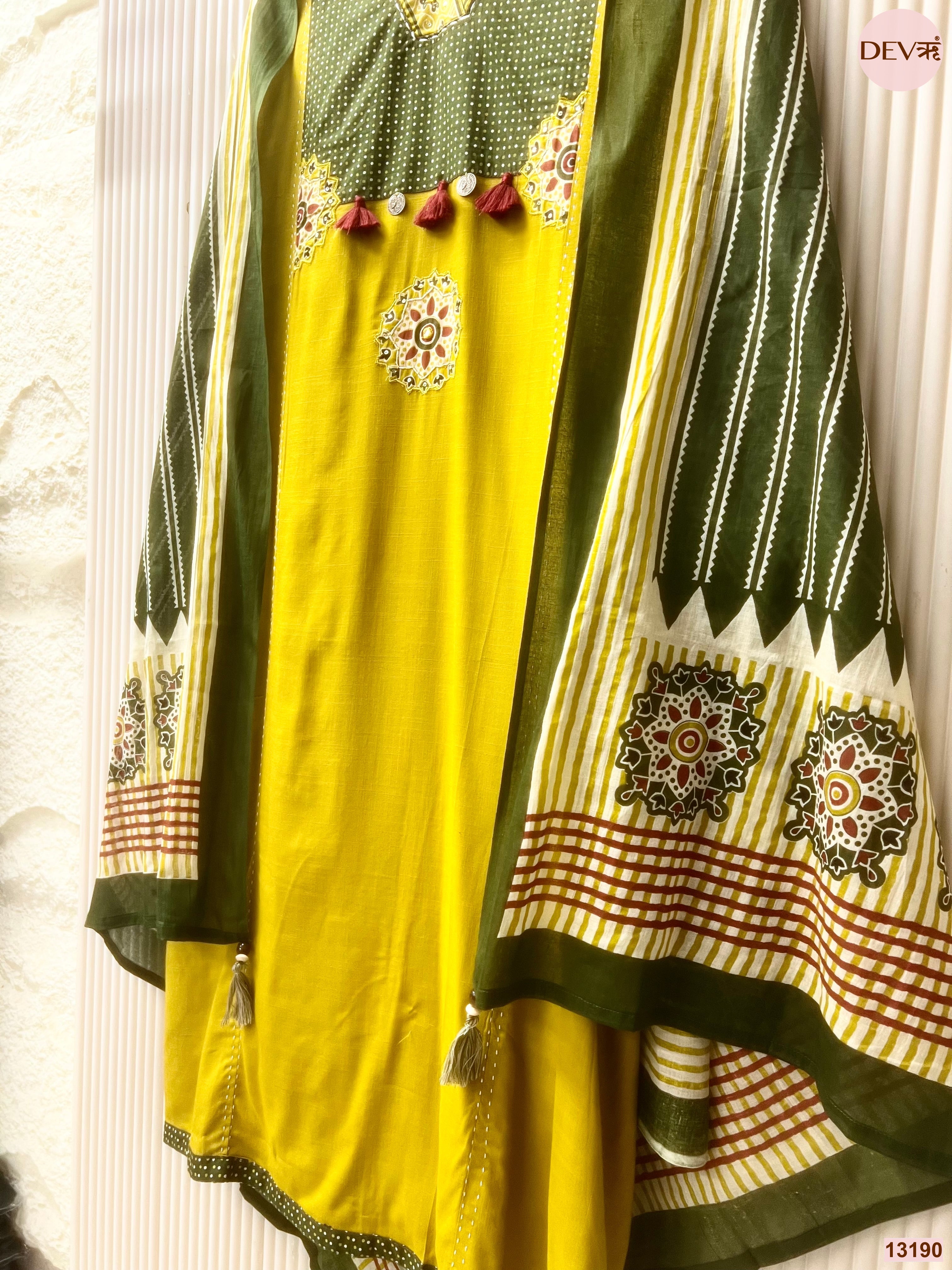 Mustard Slub Cotton Printed Unstitched 3-Piece Suit (Devri – D.No 13190)