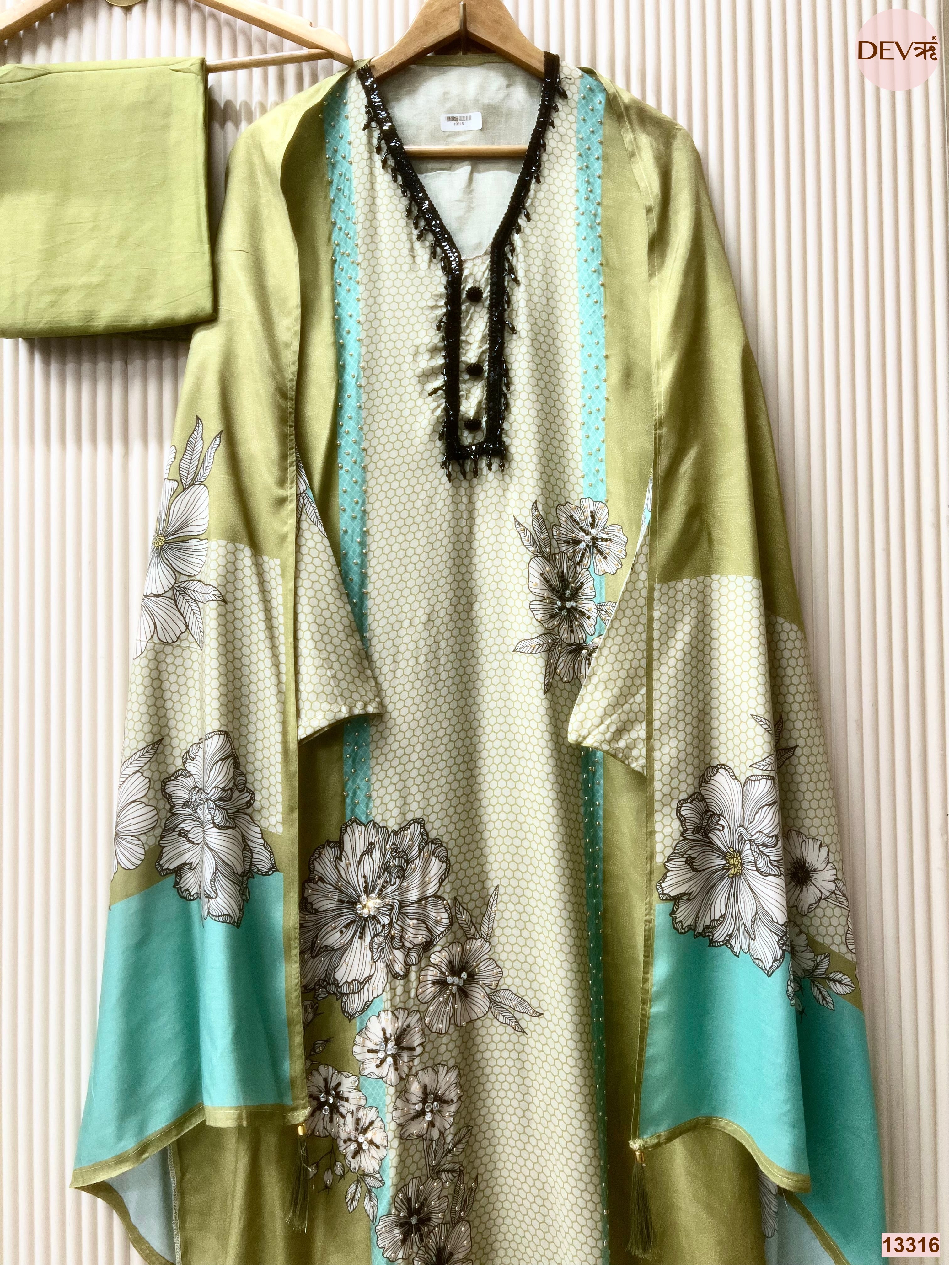 Green Muslin Printed Unstitched 3-Piece Suit (Devri – D.No 13316)
