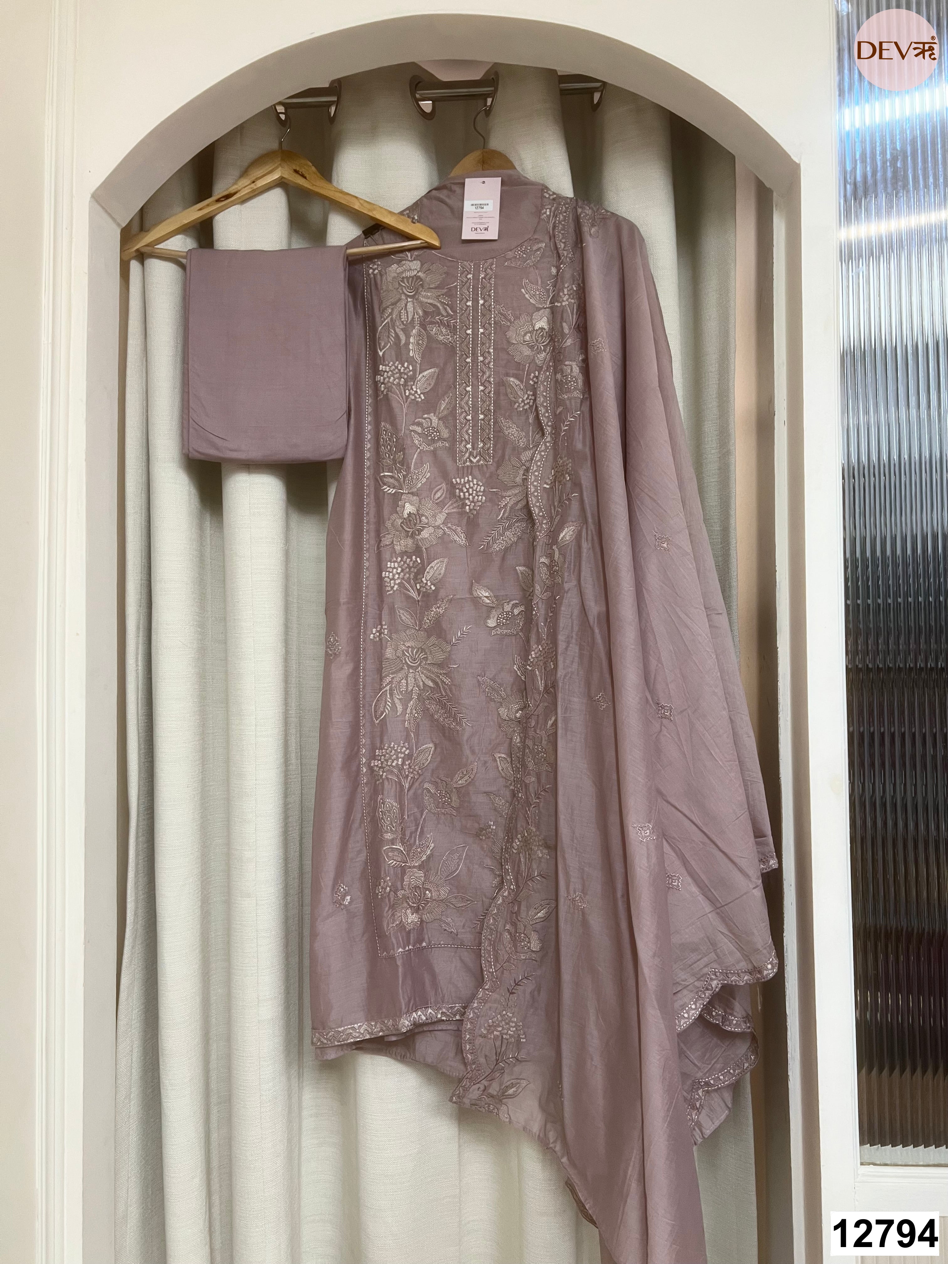 Mauve Mul Chanderi Embroidered Unstitched 3-Piece Suit (Devri – D.No 12794)