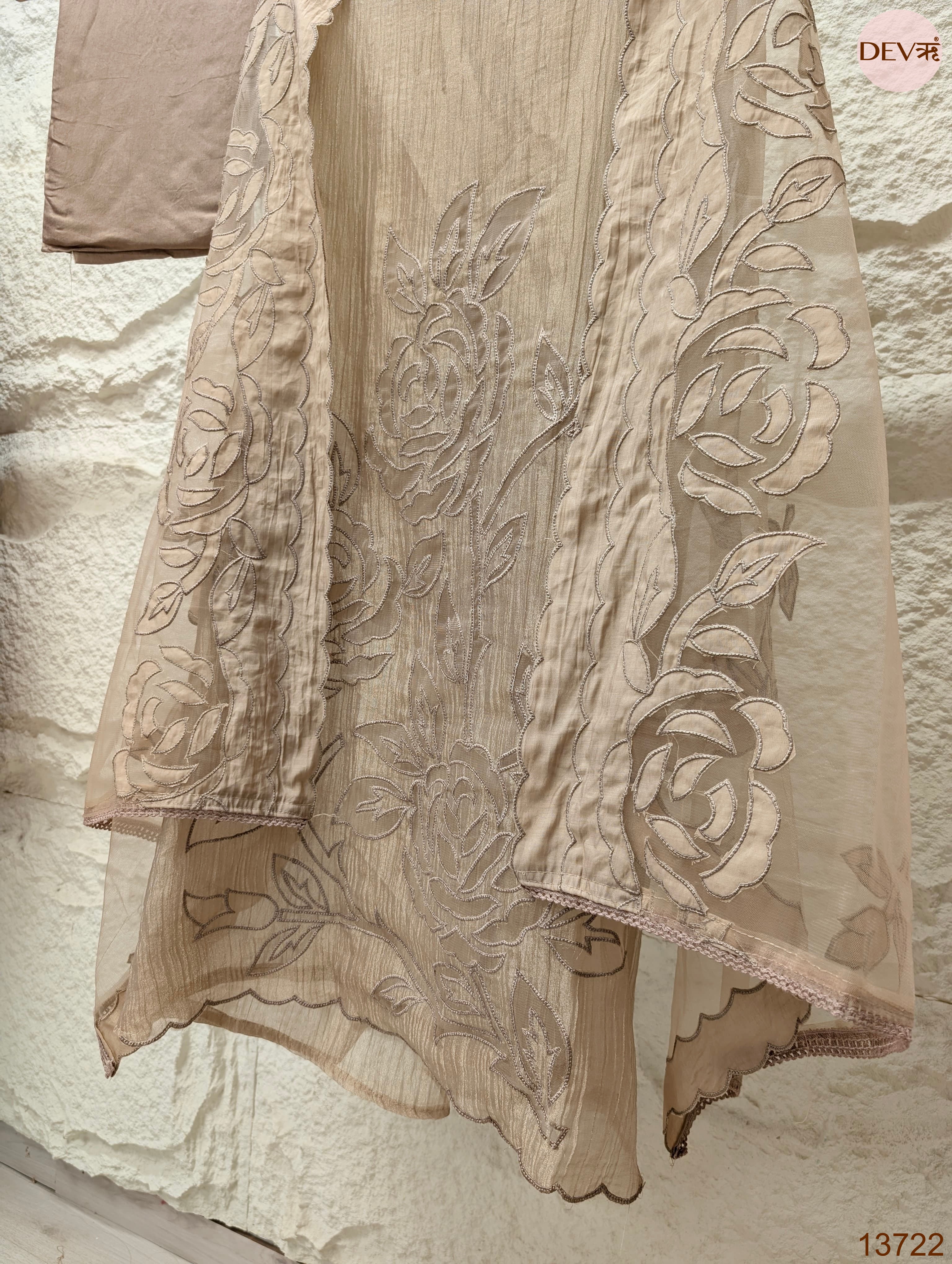 Beige Tissue Silk Embroidered Unstitched 3-Piece Suit (Devri – D.No 13722)