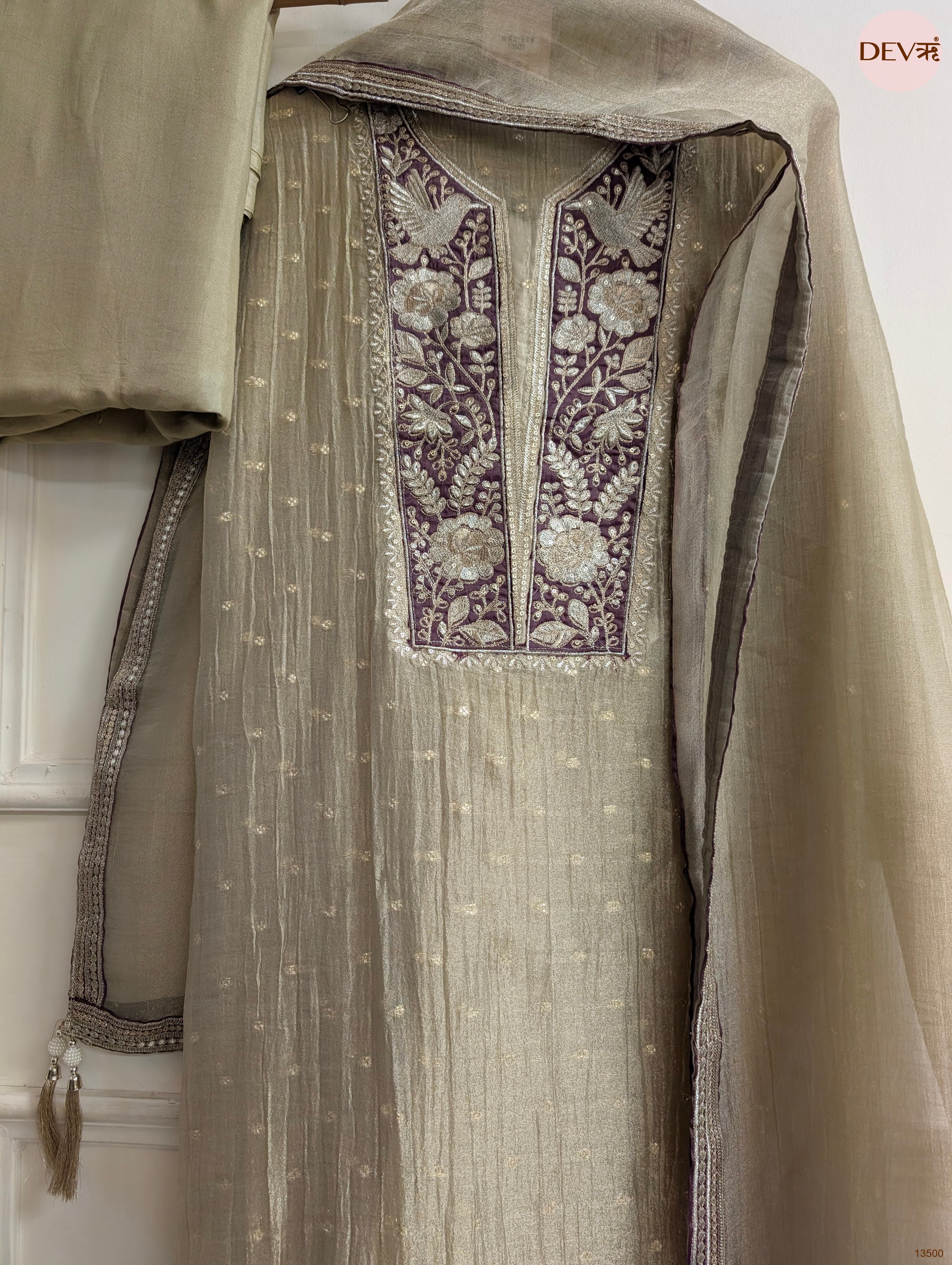 Olive Tissue Silk Embroidered Unstitched 3-Piece Suit (Devri – D.No 13500)