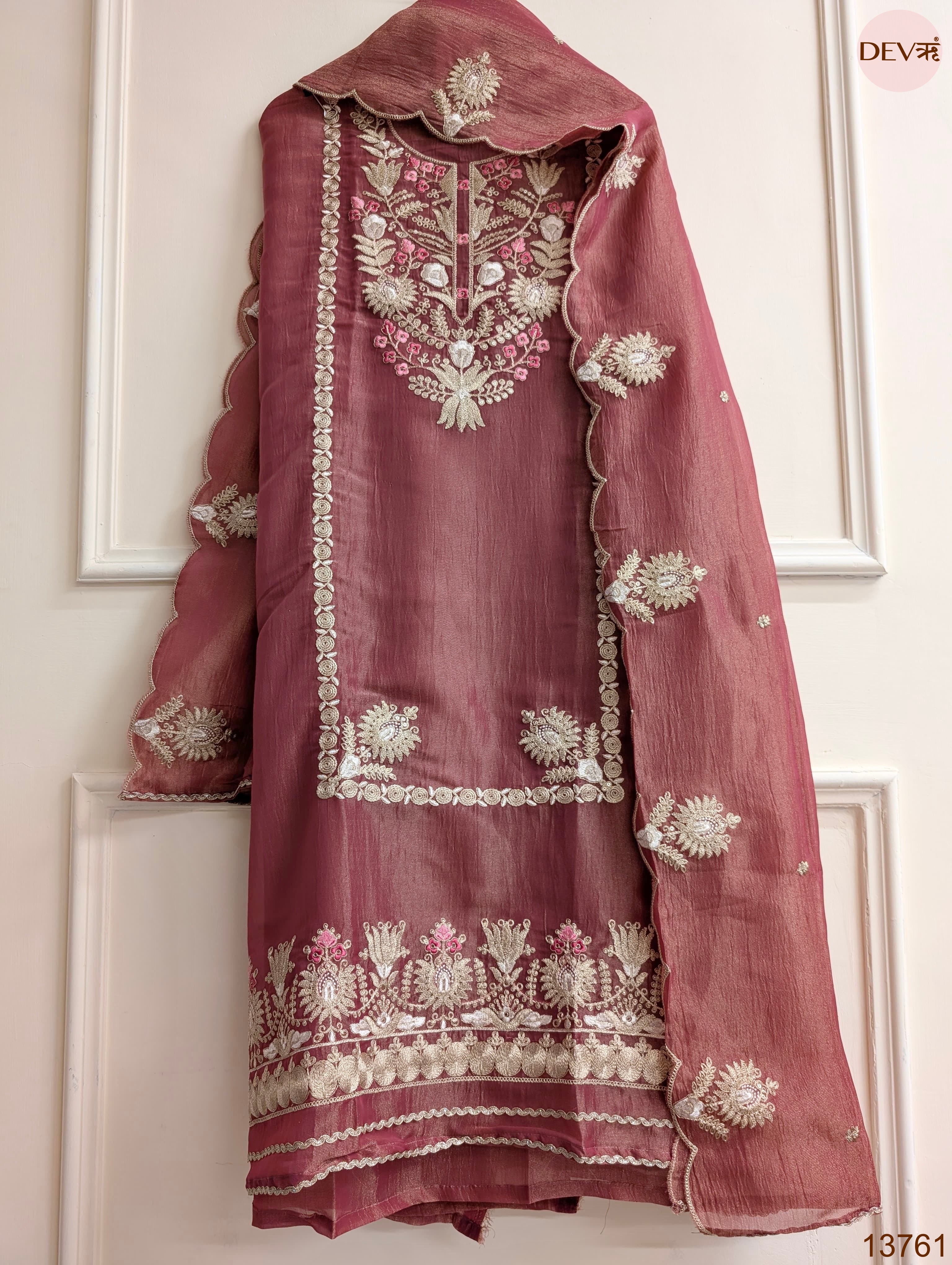 Mauve Pure Tissue Silk Embroidered Unstitched 3-Piece Suit (Devri – D.No 13761)