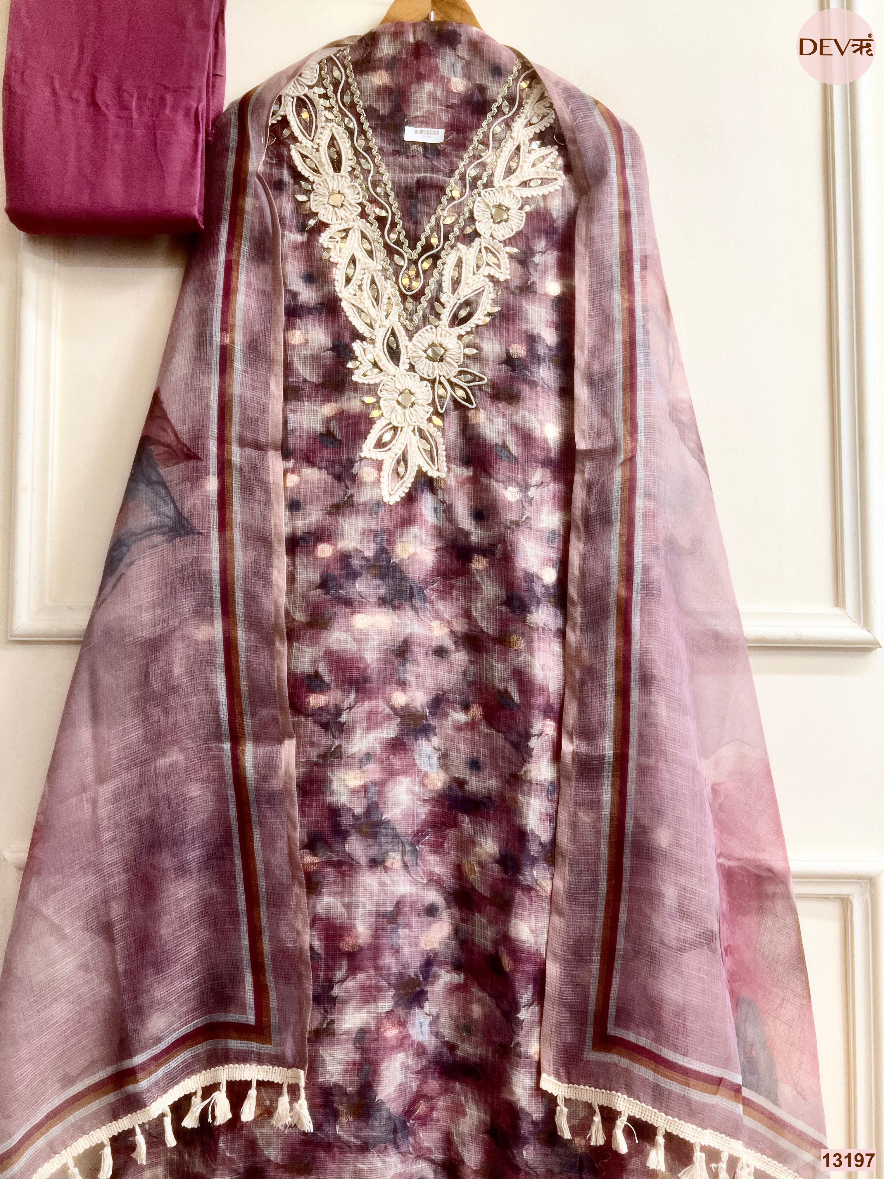 Wine Kota Zari Printed Unstitched 3-Piece Suit (Devri – D.No 13197)
