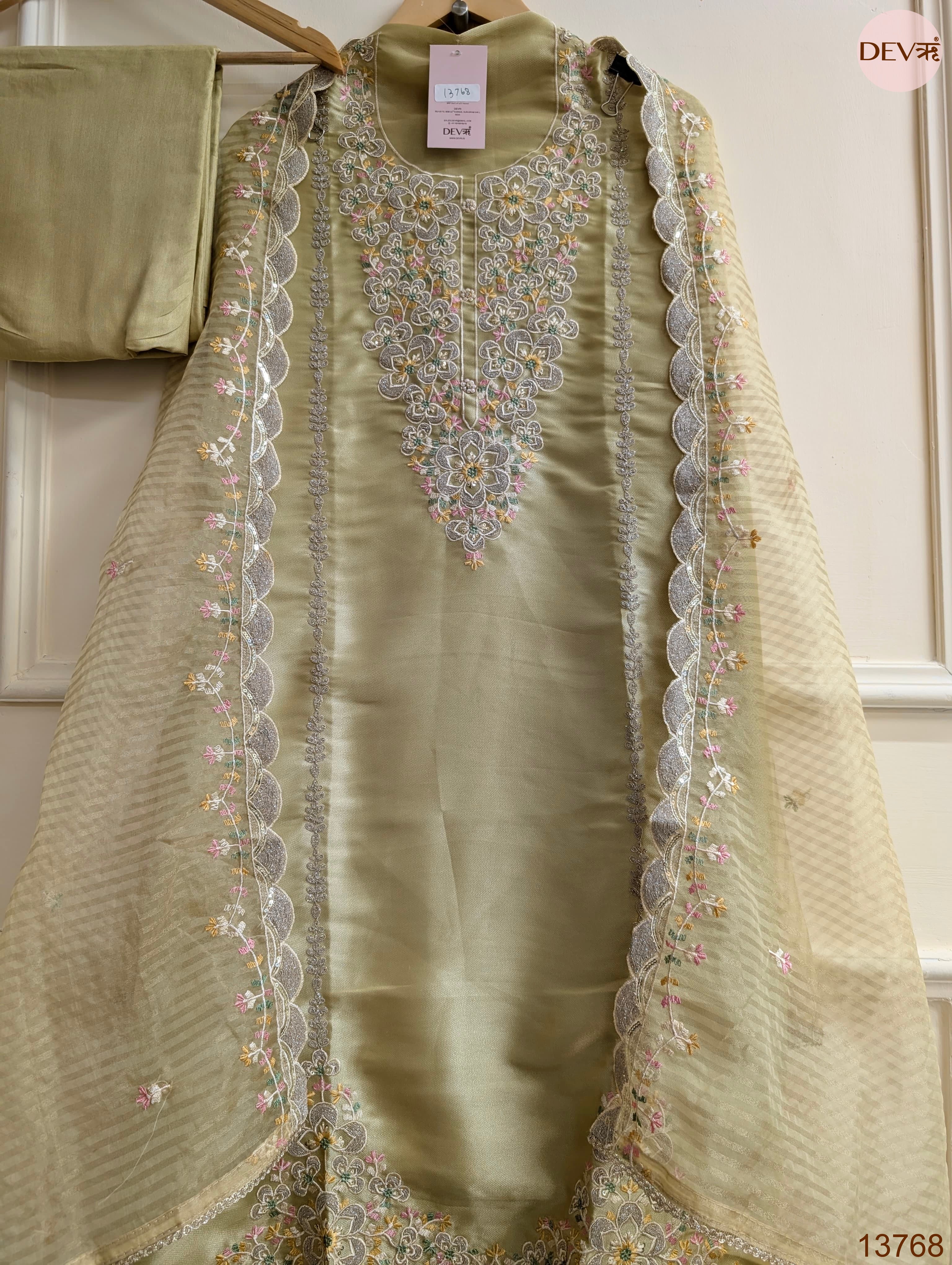 Olive Tissue Silk Embroidered Unstitched 3-Piece Suit (Devri – D.No 13768)