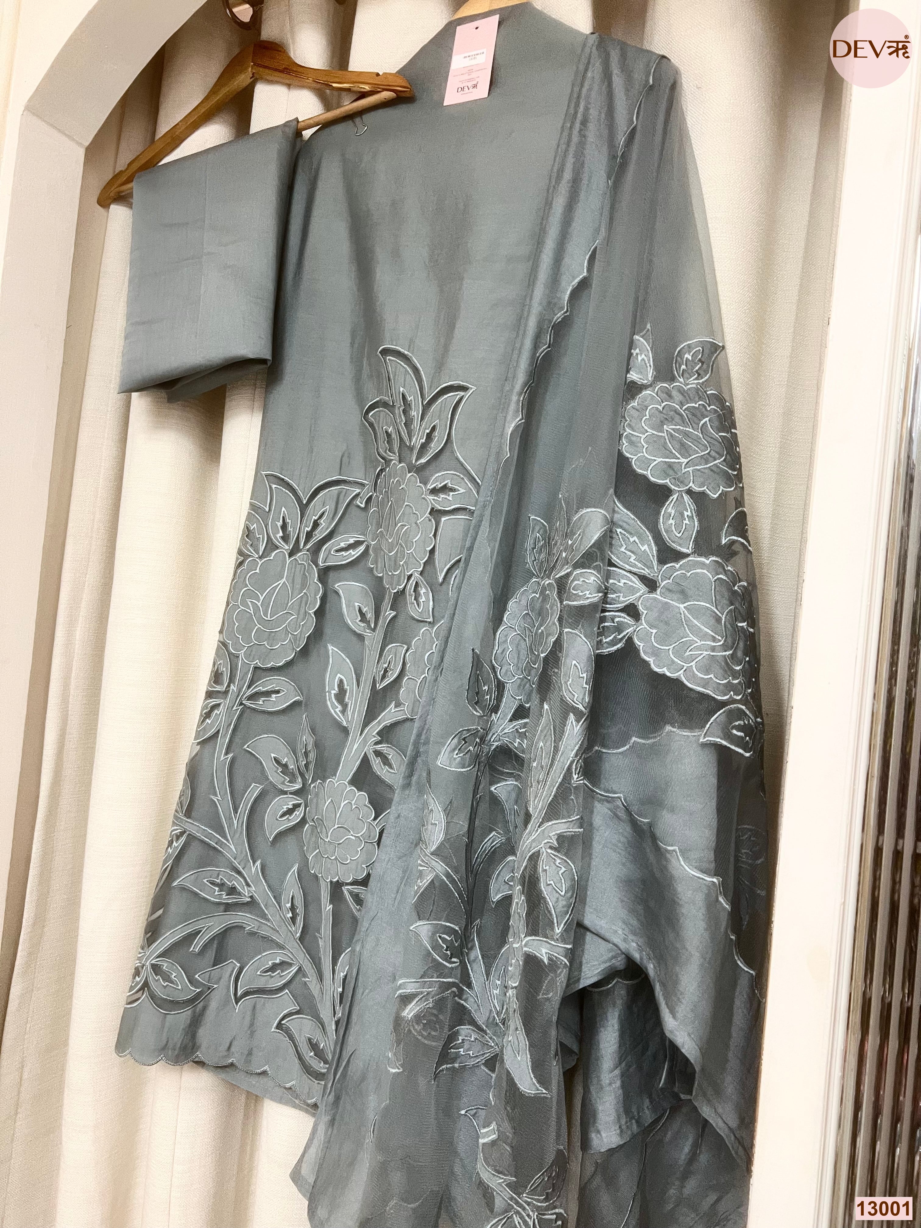 Grey Roman Silk Embroidered Unstitched 3-Piece Suit (Devri – D.No 13001)