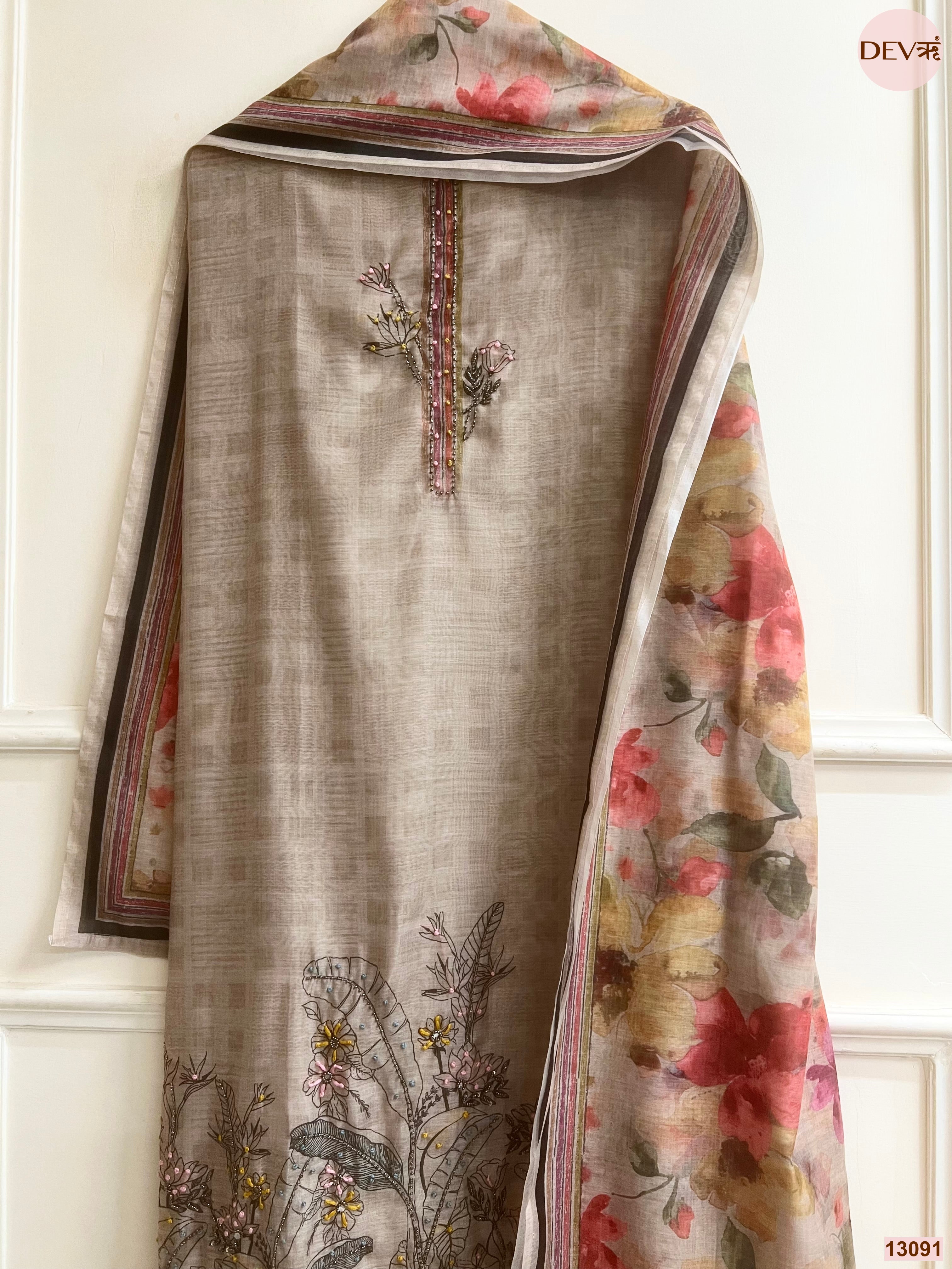 Beige Mul Chanderi Printed Unstitched 3-Piece Suit (Devri – D.No 13091)