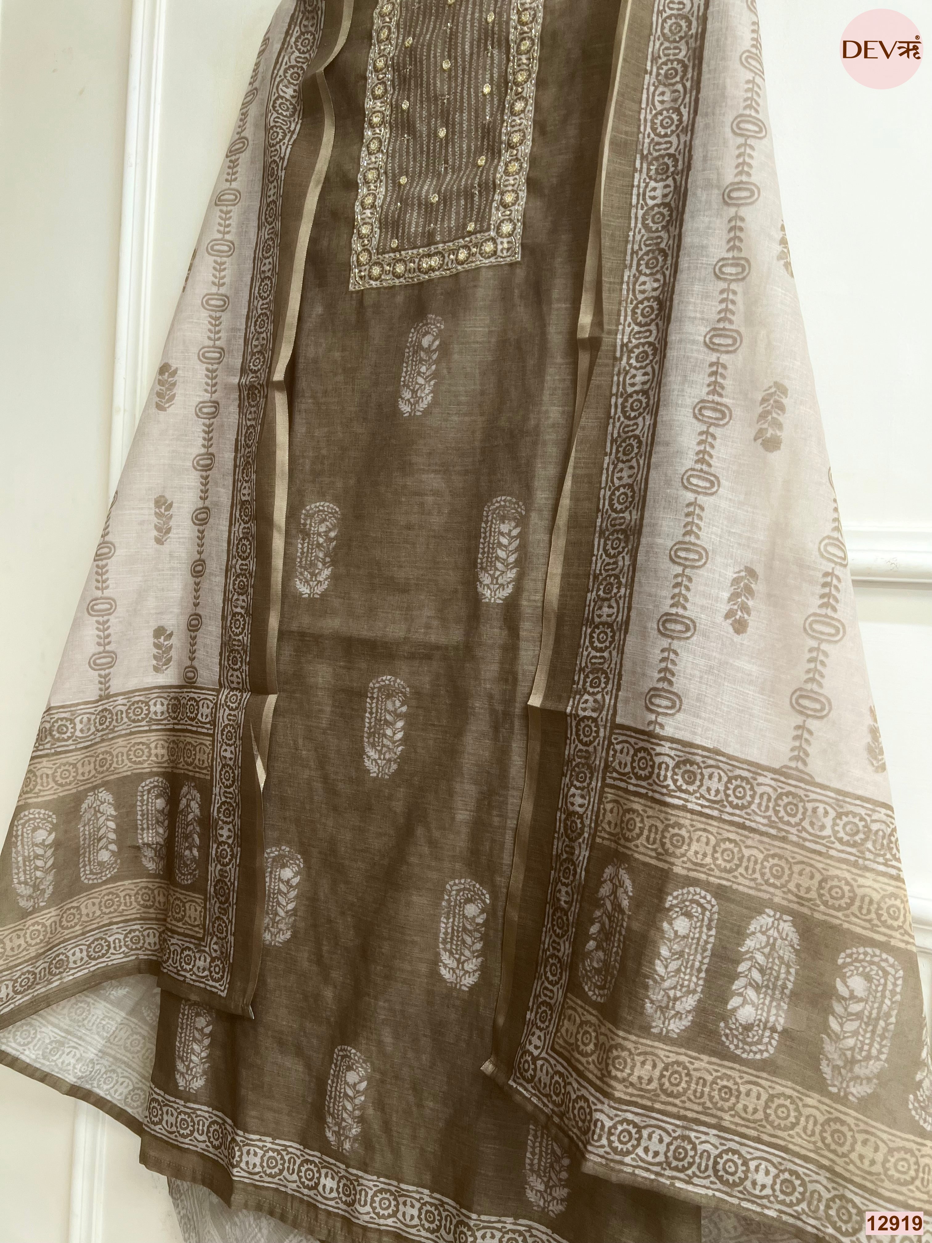 Brown Linen Cotton Printed Unstitched 3-Piece Suit (Devri – D.No 12919)