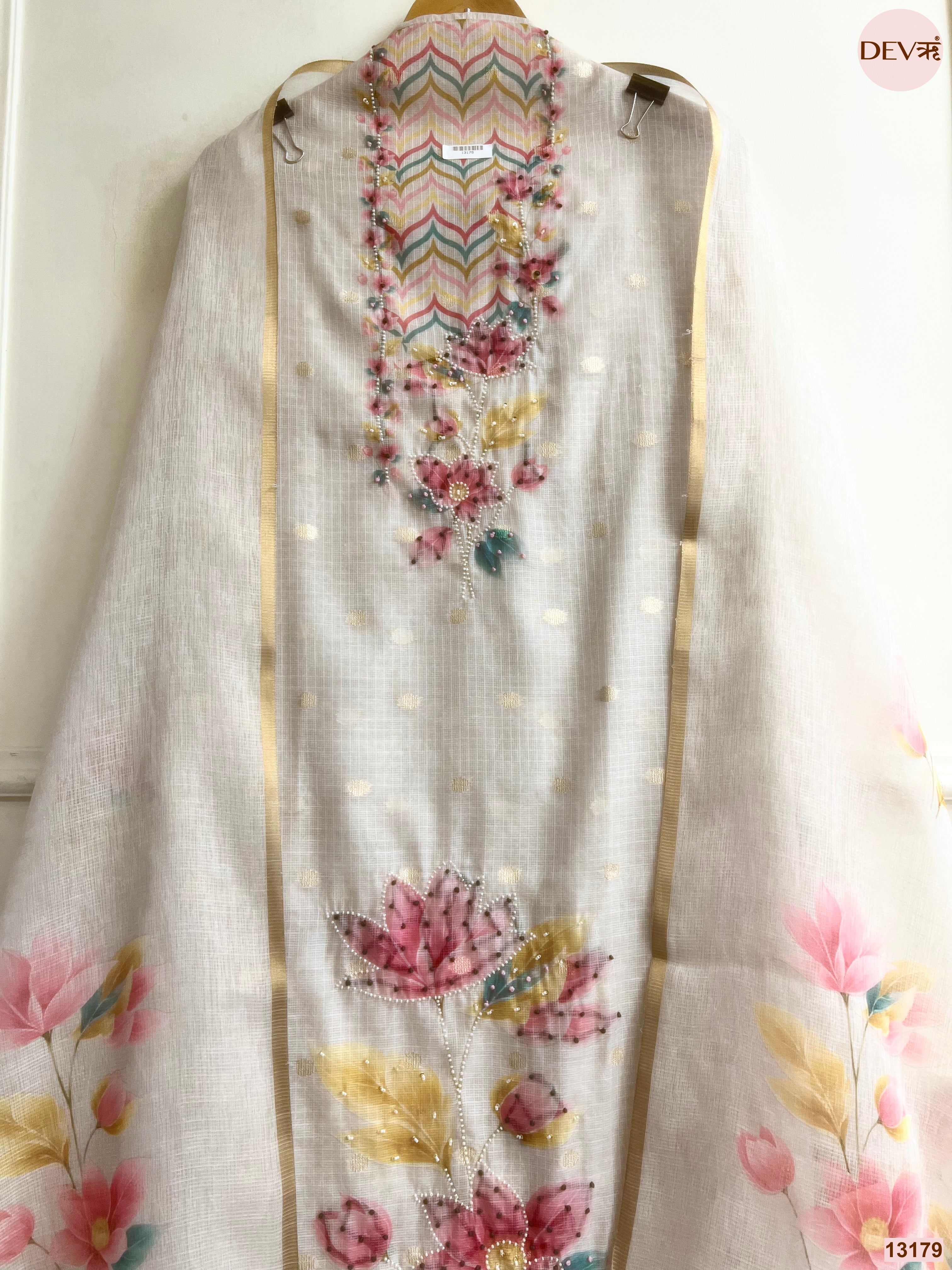 Off White Kota Printed Unstitched 3-Piece Suit (Devri – D.No 13179)