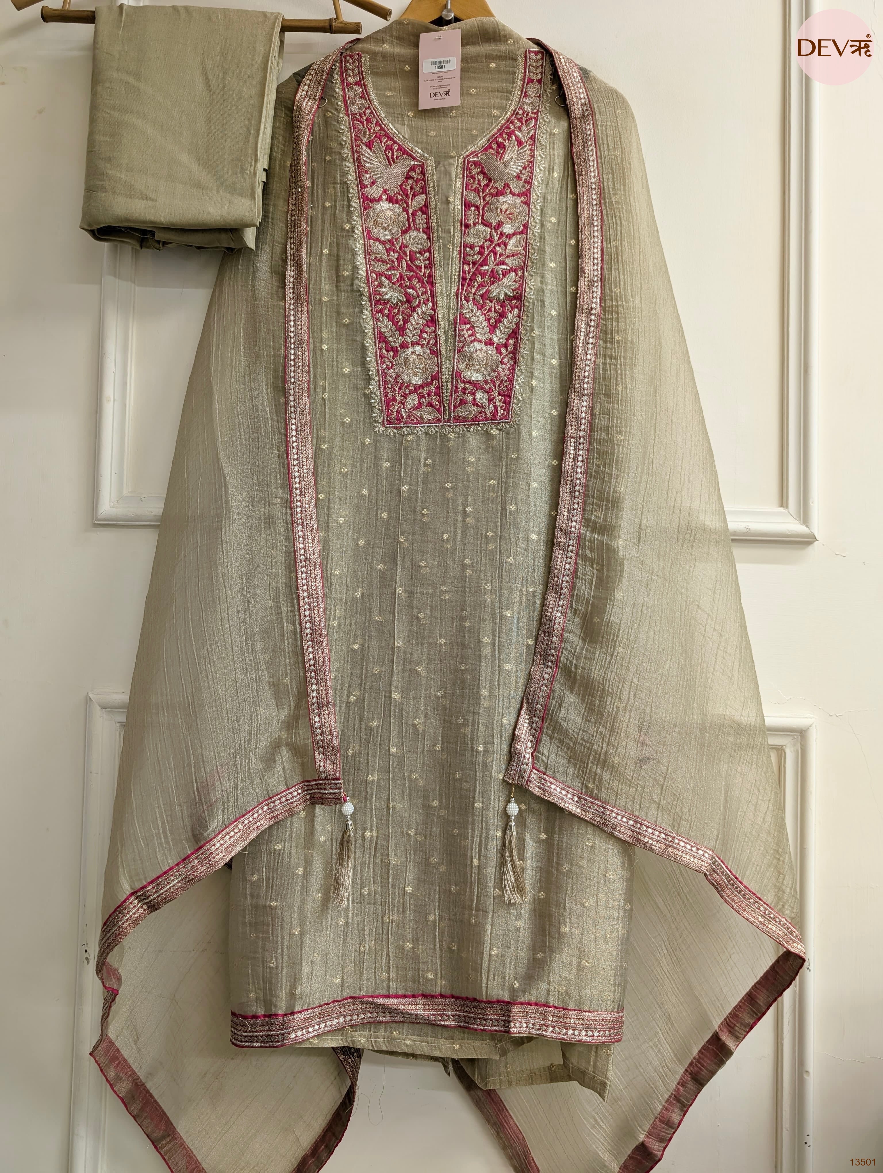 Olive Tissue Silk Embroidered Unstitched 3-Piece Suit (Devri – D.No 13501)