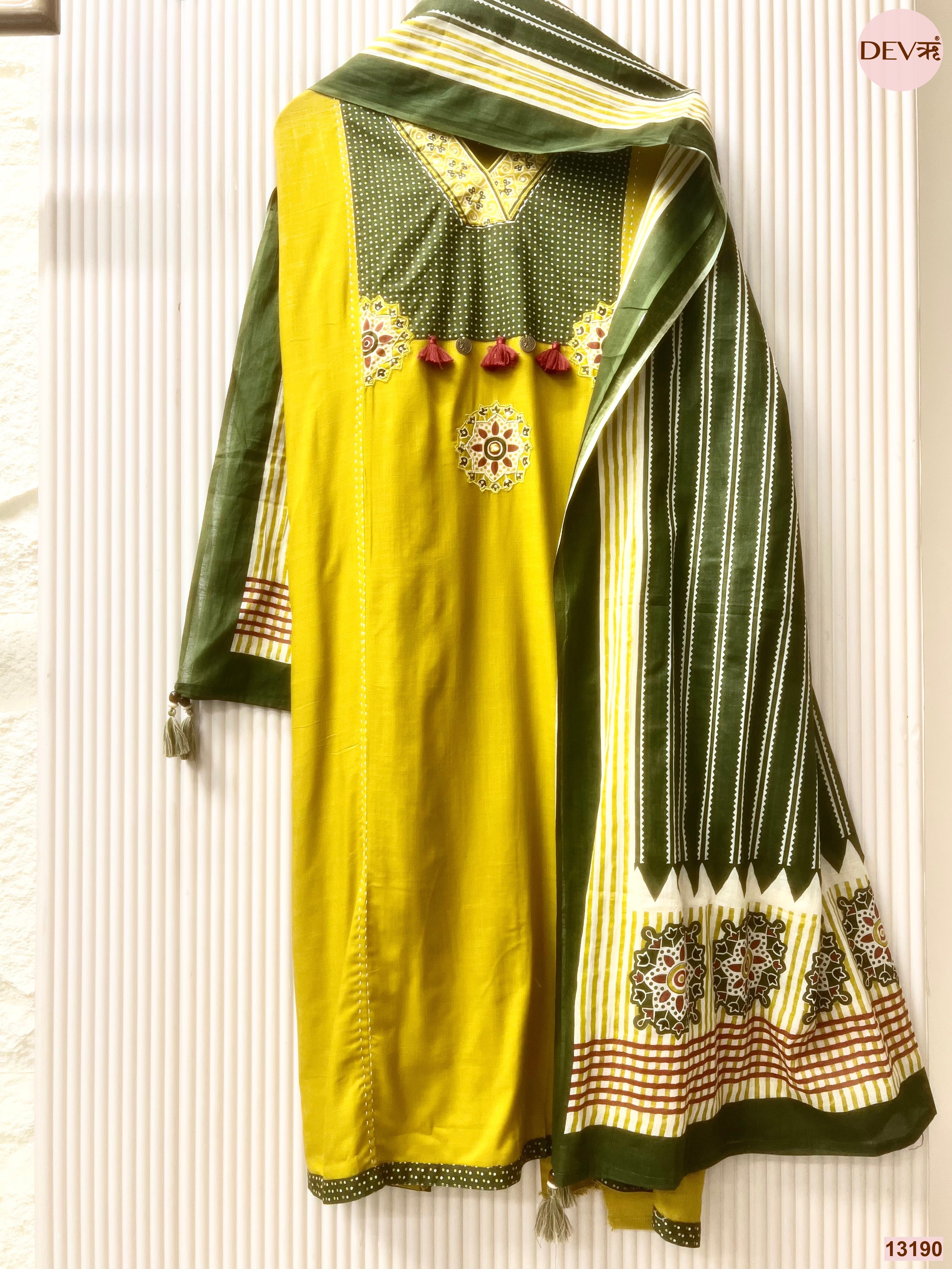 Mustard Slub Cotton Printed Unstitched 3-Piece Suit (Devri – D.No 13190)