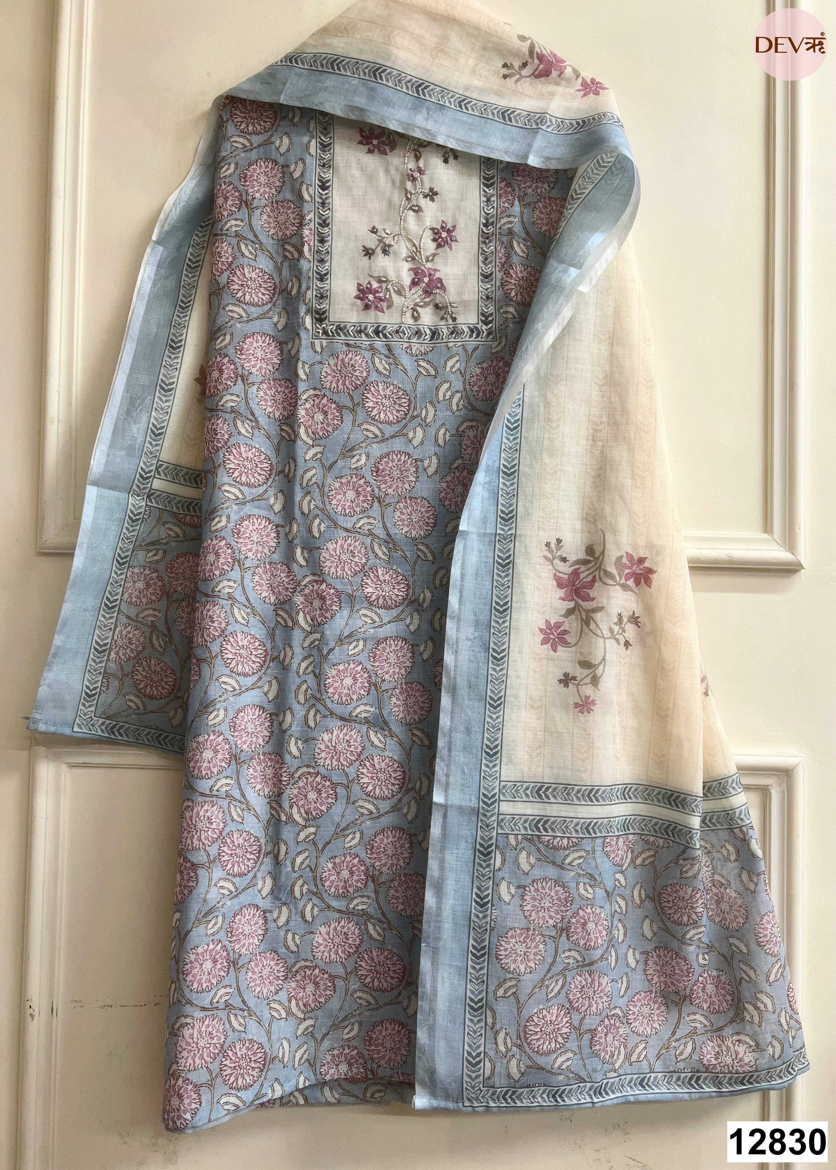 Blue Linen Cotton Printed Unstitched 3-Piece Suit (Devri – D.No 12830)