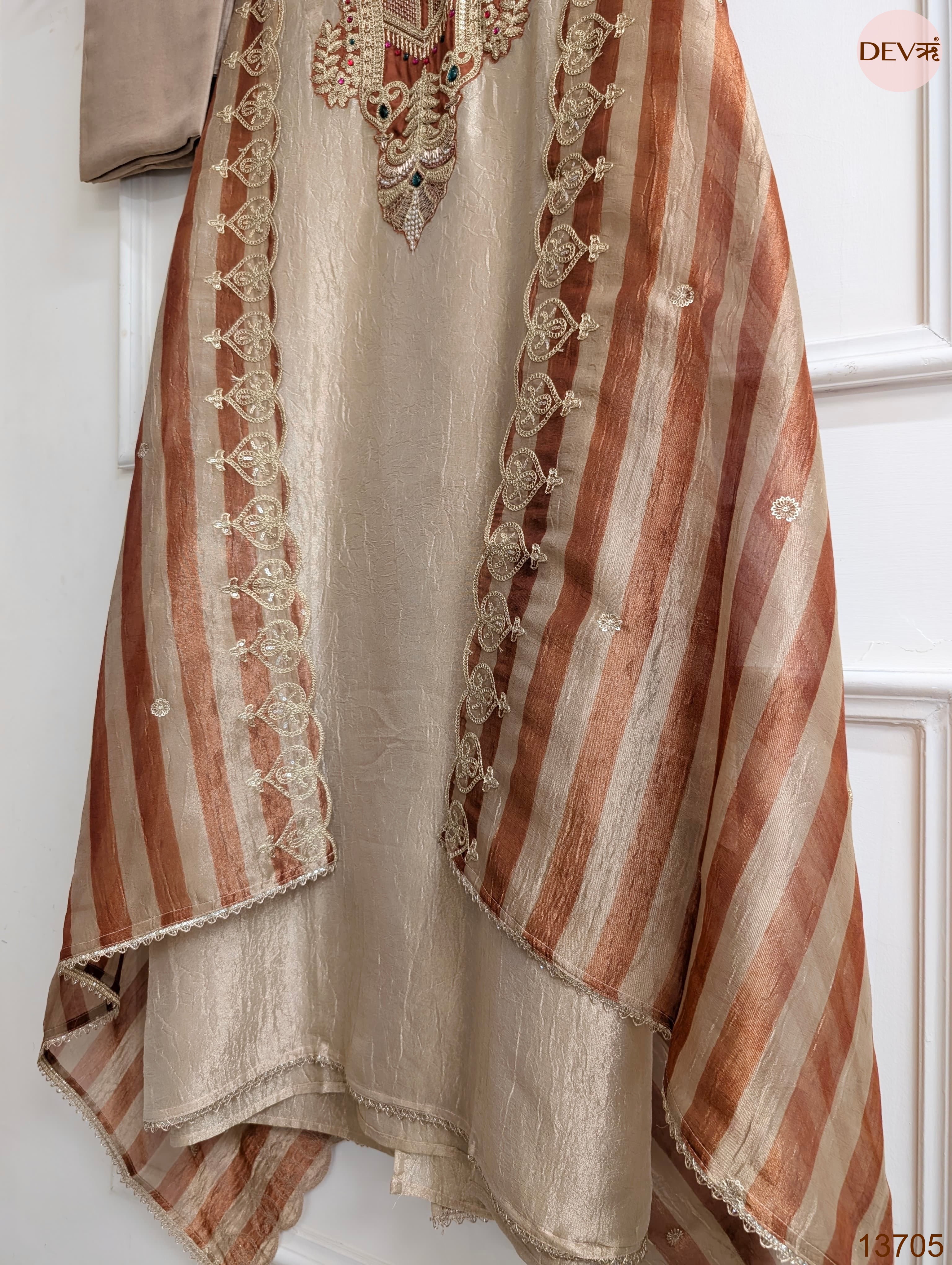 Beige Pure Tissue Silk Embroidered Unstitched 3-Piece Suit (Devri – D.No 13705)