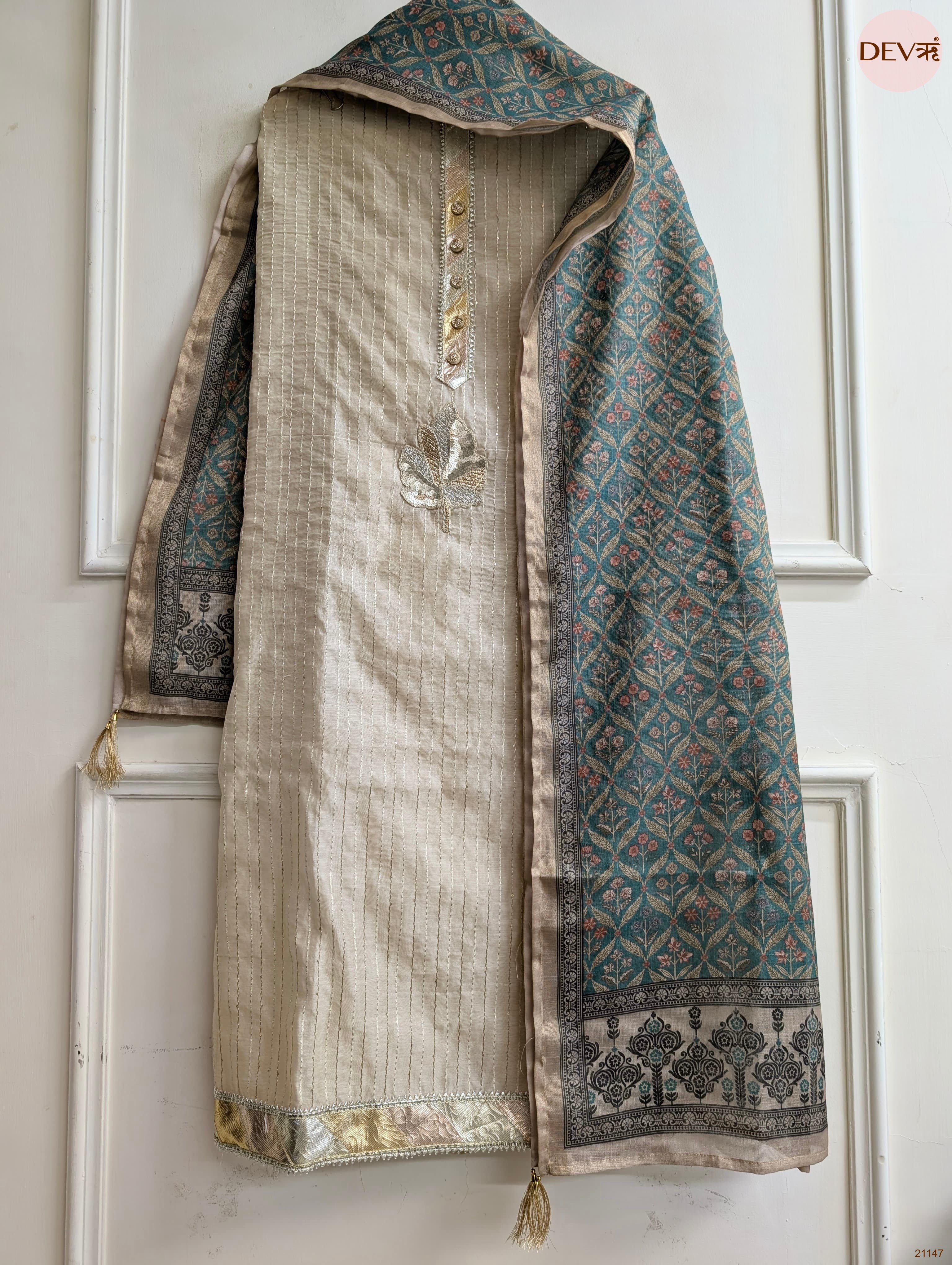 Beige Pure Chanderi Embroidered Unstitched 3-Piece Suit (Devri – D.No 21147)