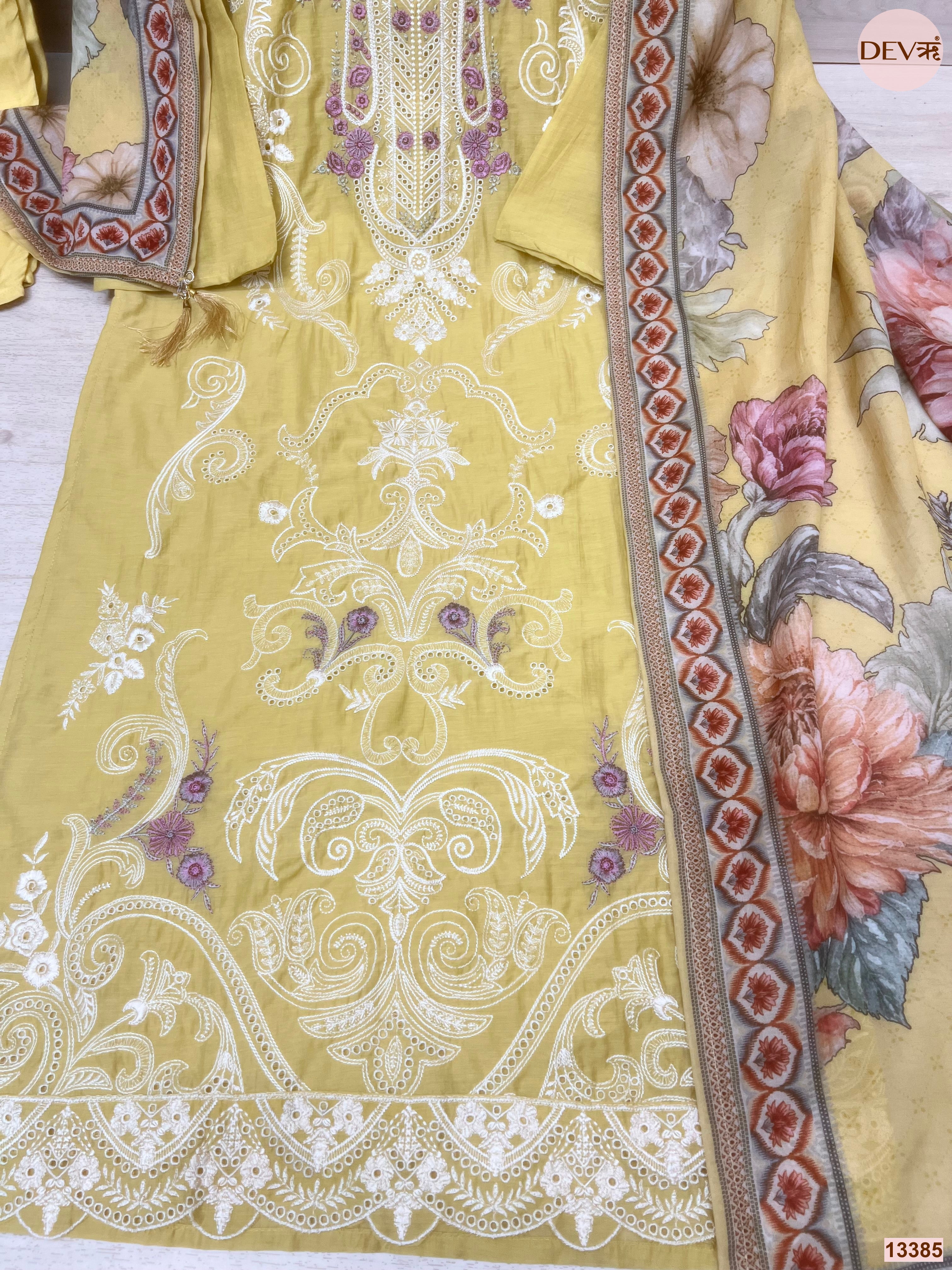Gulnaar Pure Mul Cotton Embroidered Yellow 3-Piece Set (Devri – D.No 13385)