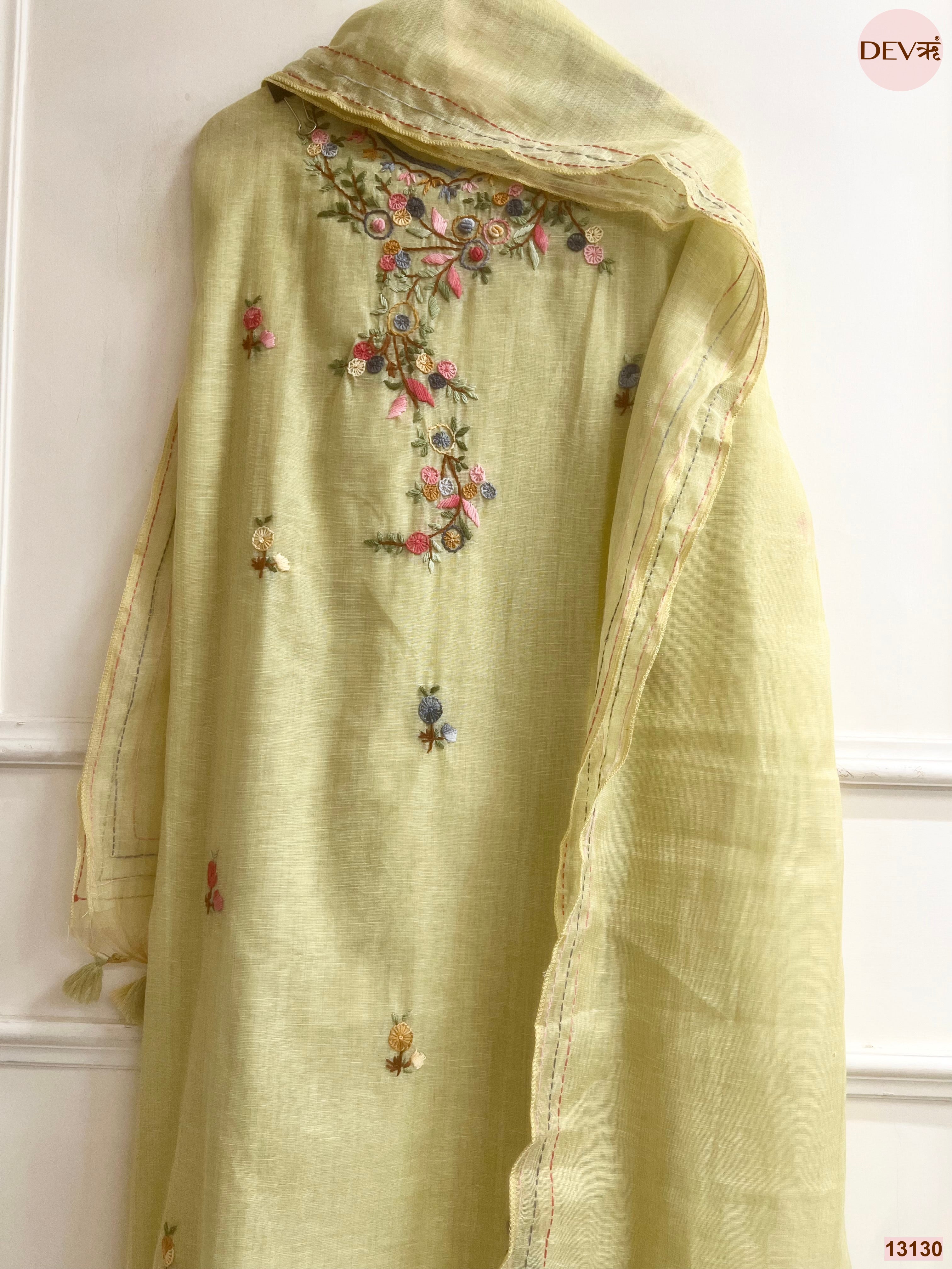 Lime Jamdani Cotton Embroidered Unstitched 3-Piece Suit (Devri – D.No 13130)