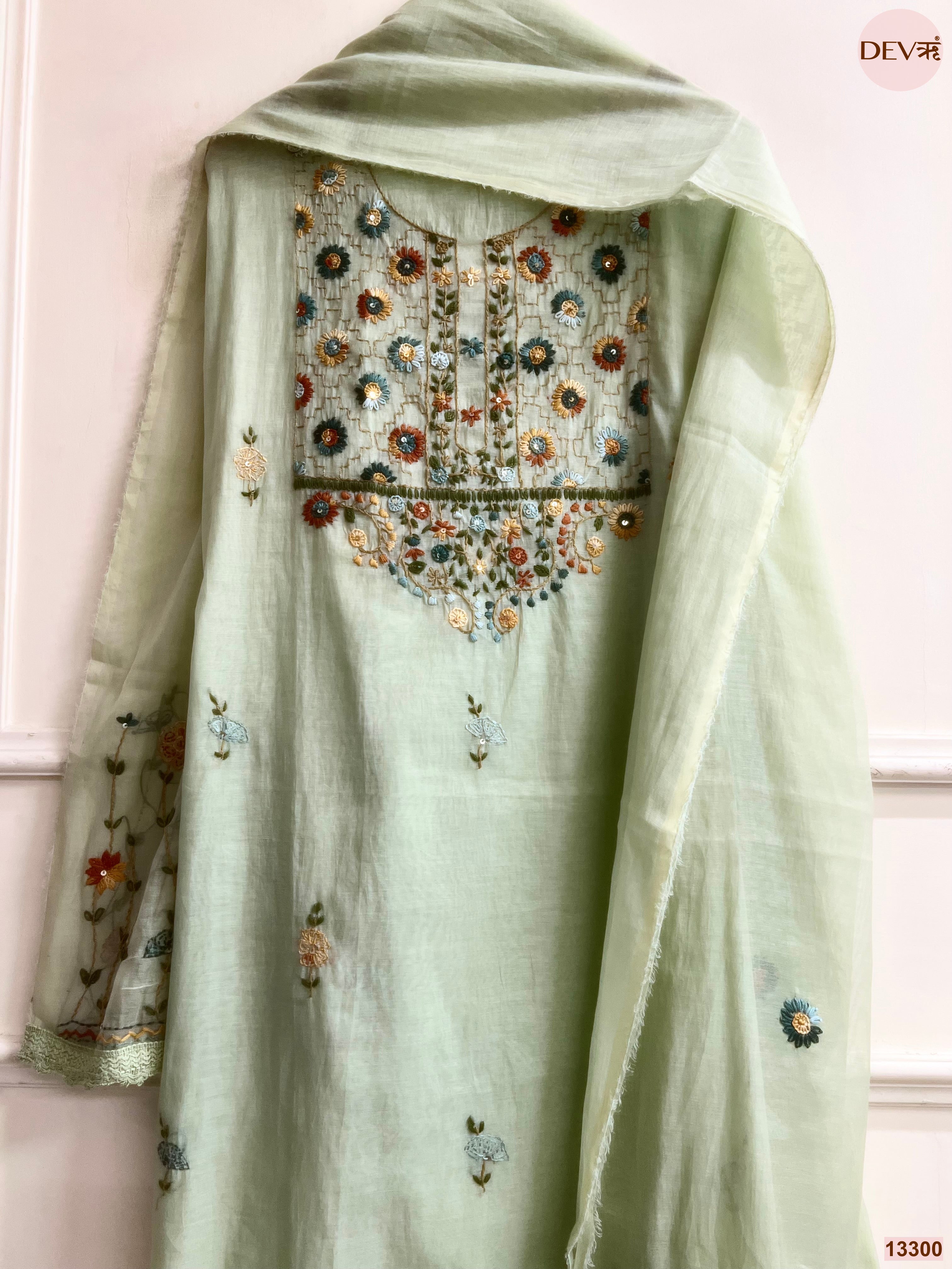 Mint Mul Chanderi Embroidered Unstitched 3-Piece Suit (Devri – D.No 13300)