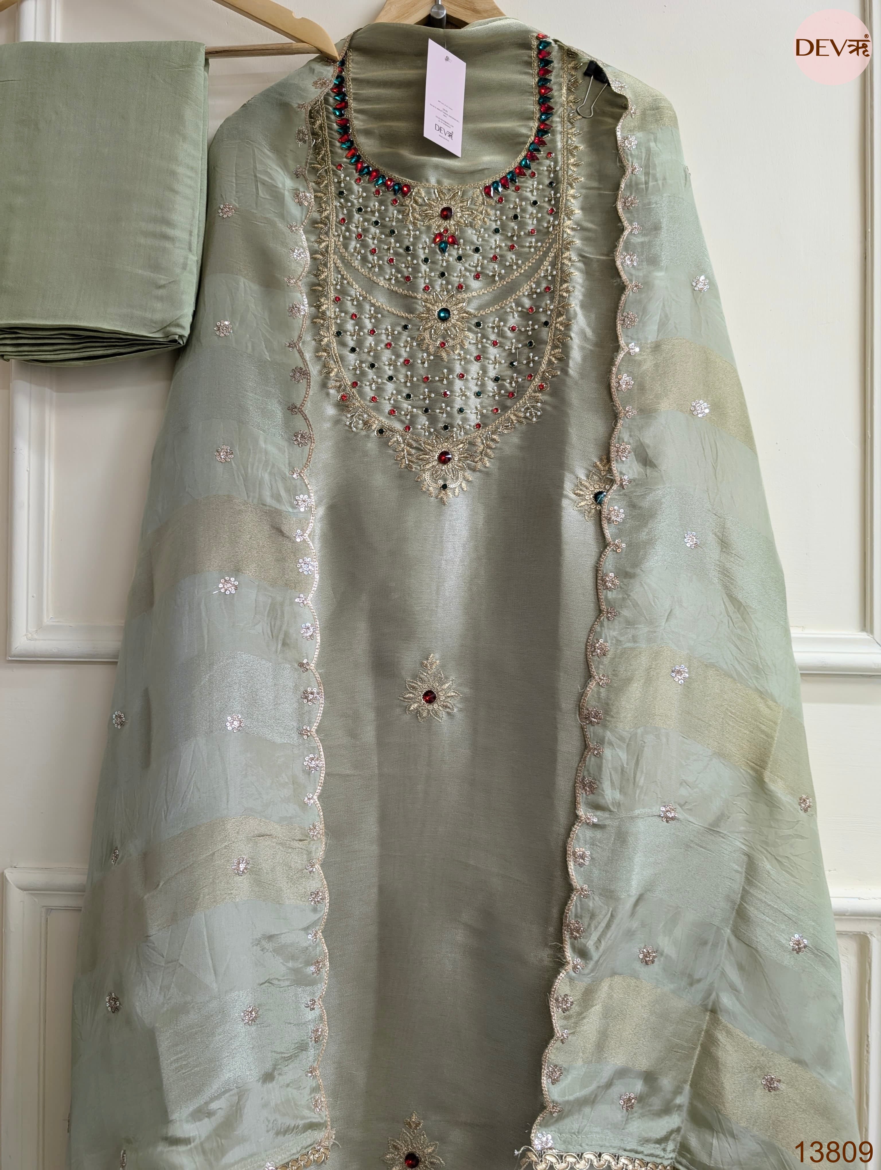 Sage Pure Tissue Giraffe Silk Embroidered Unstitched 3-Piece Suit (Devri – D.No 13809)