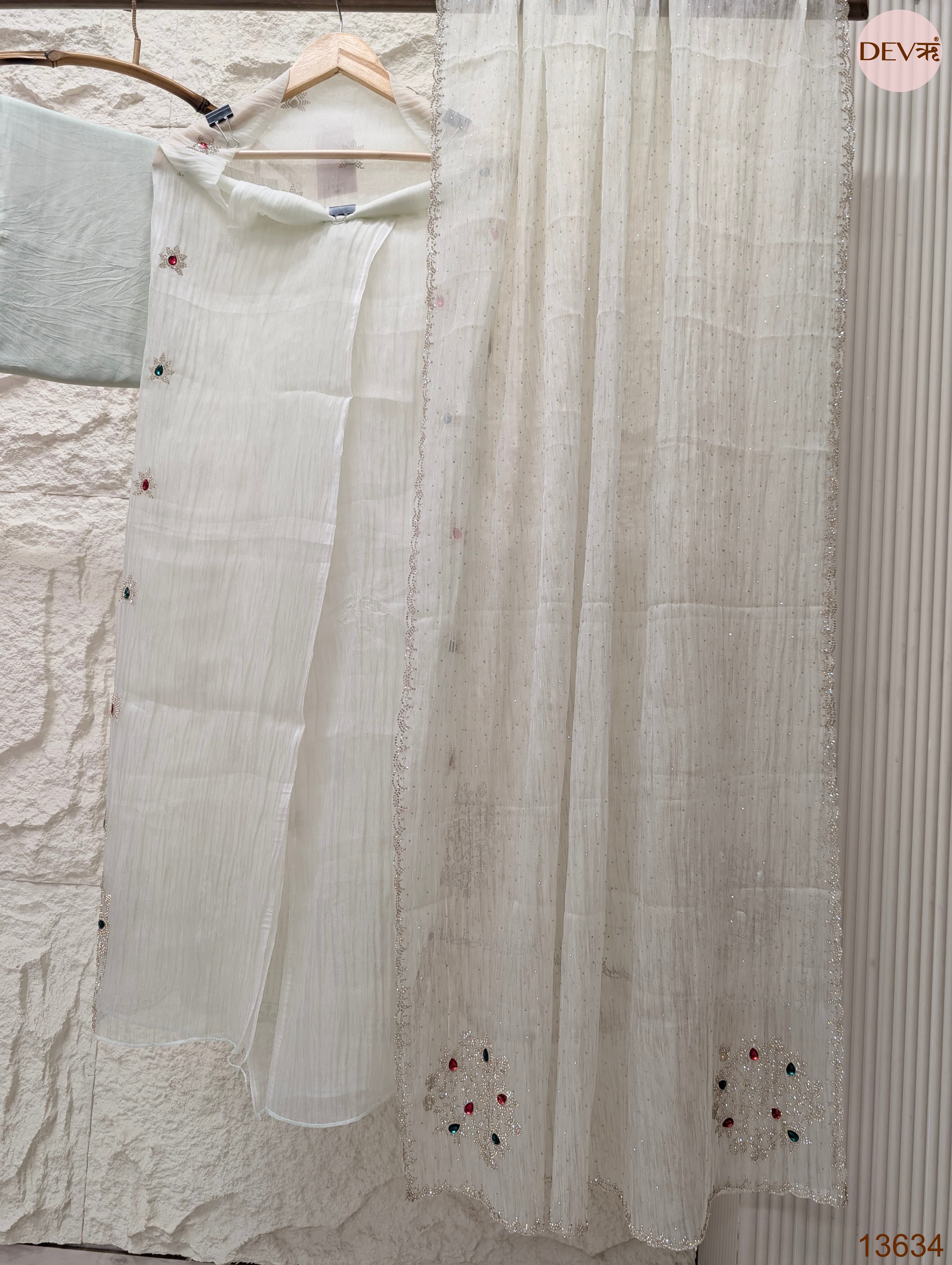 Off White Pure Organza Silk Embroidered Unstitched 3-Piece Suit (Devri – D.No 13634)