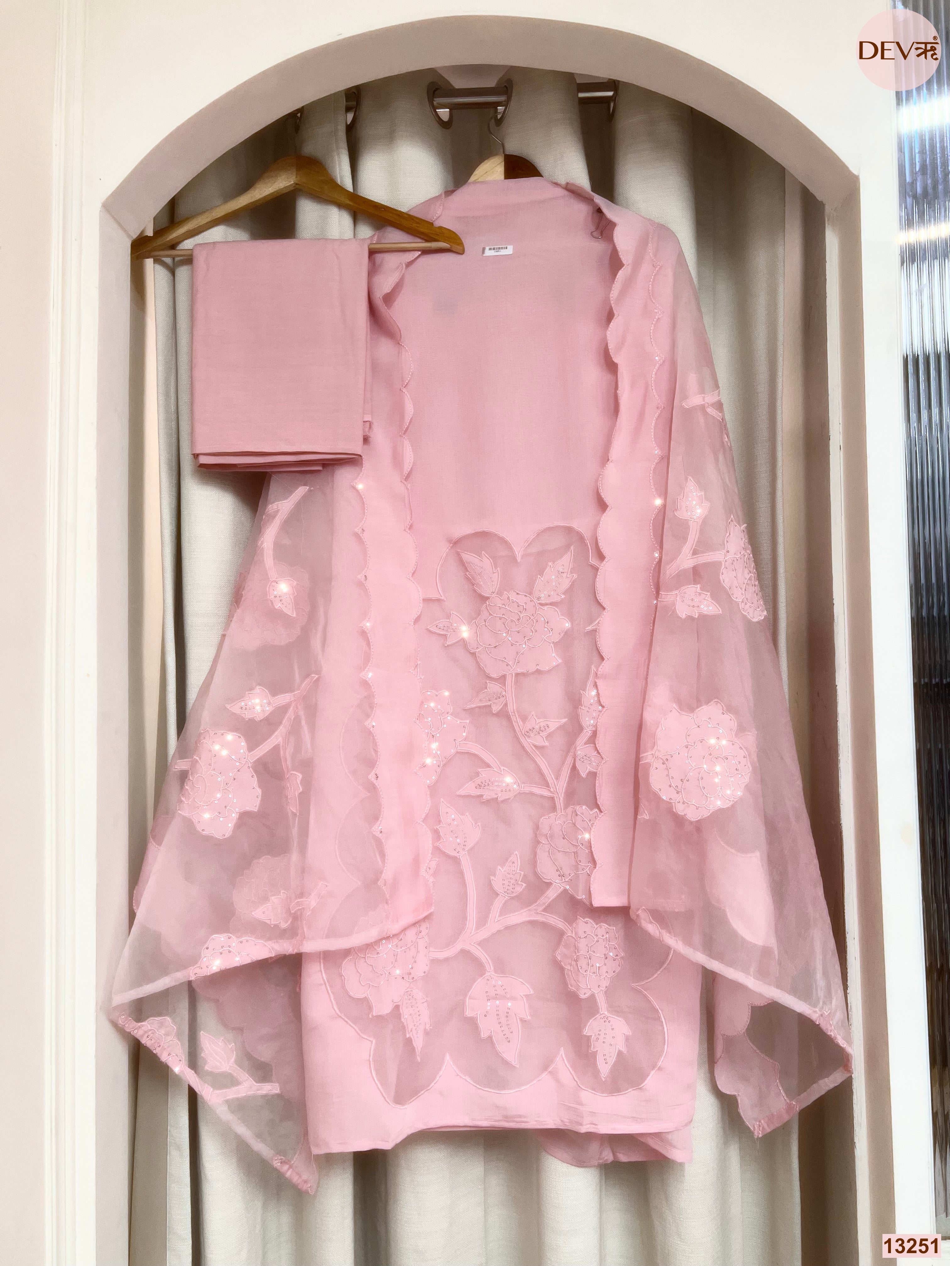 Pink Mul Chanderi Embroidered Unstitched 3-Piece Suit (Devri – D.No 13251)