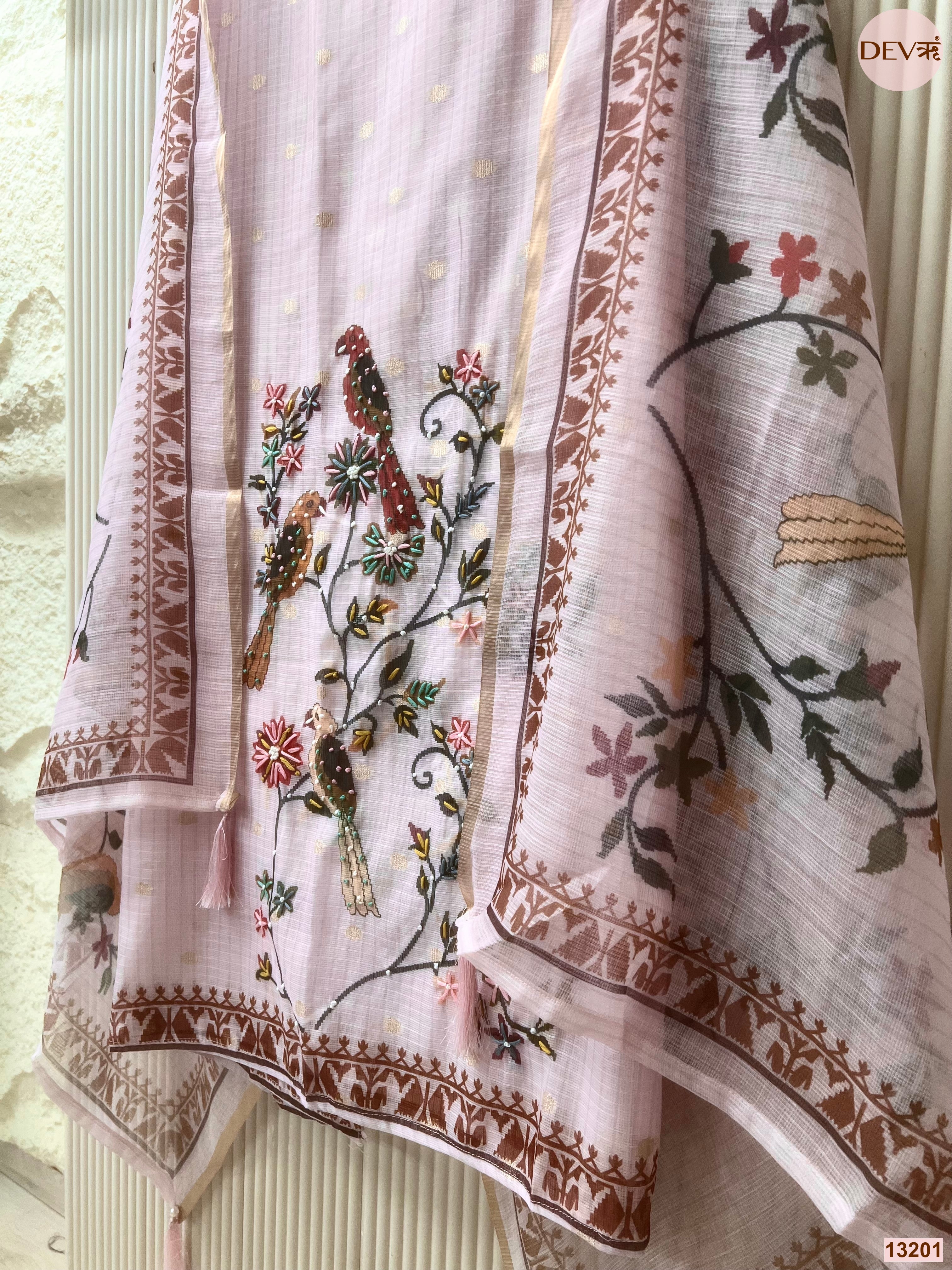 Lavender Kota Embroidered Unstitched 3-Piece Suit (Devri – D.No 13201)