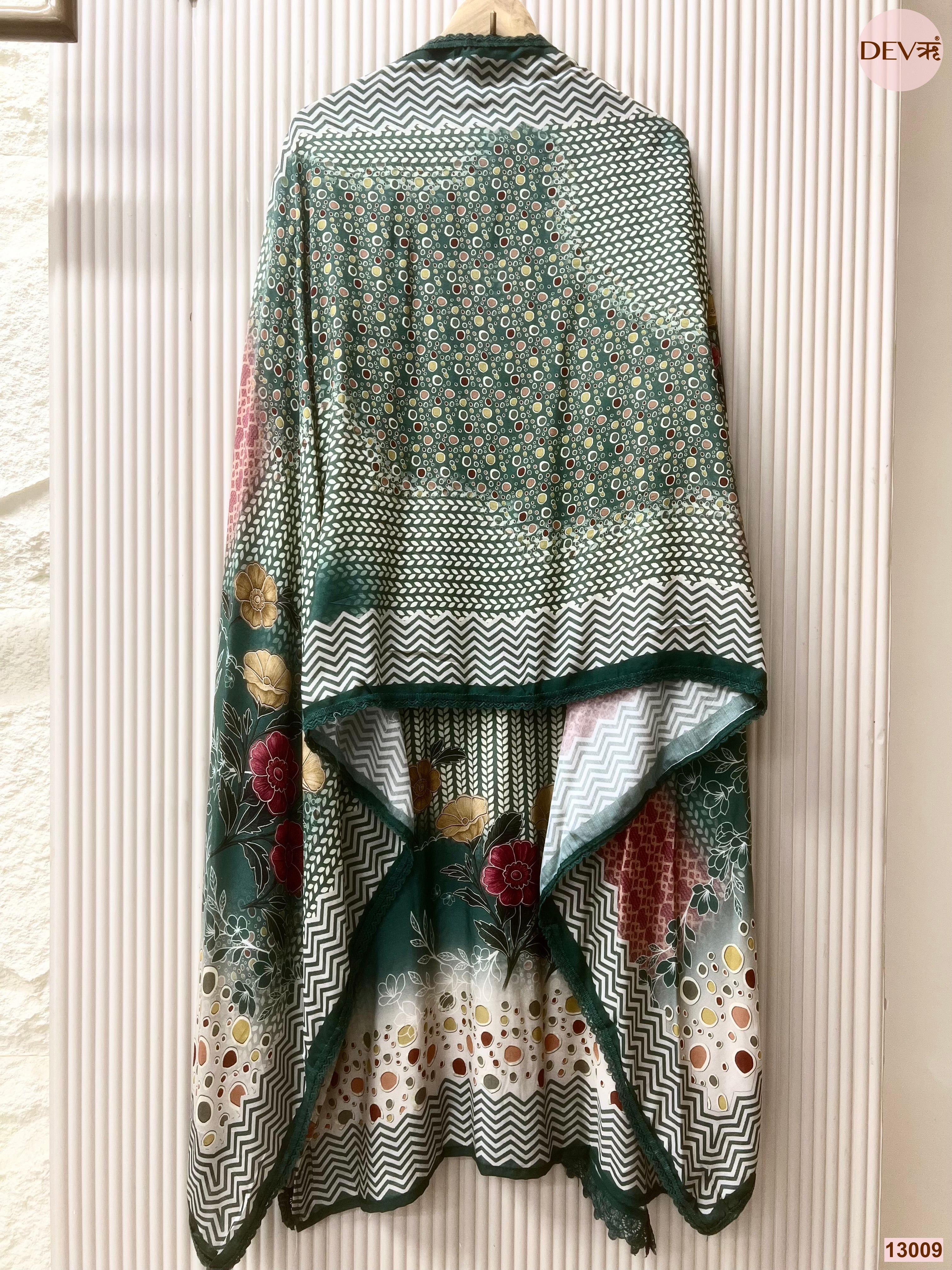 Green Muslin Printed Unstitched 3-Piece Suit (Devri – D.No 13009)