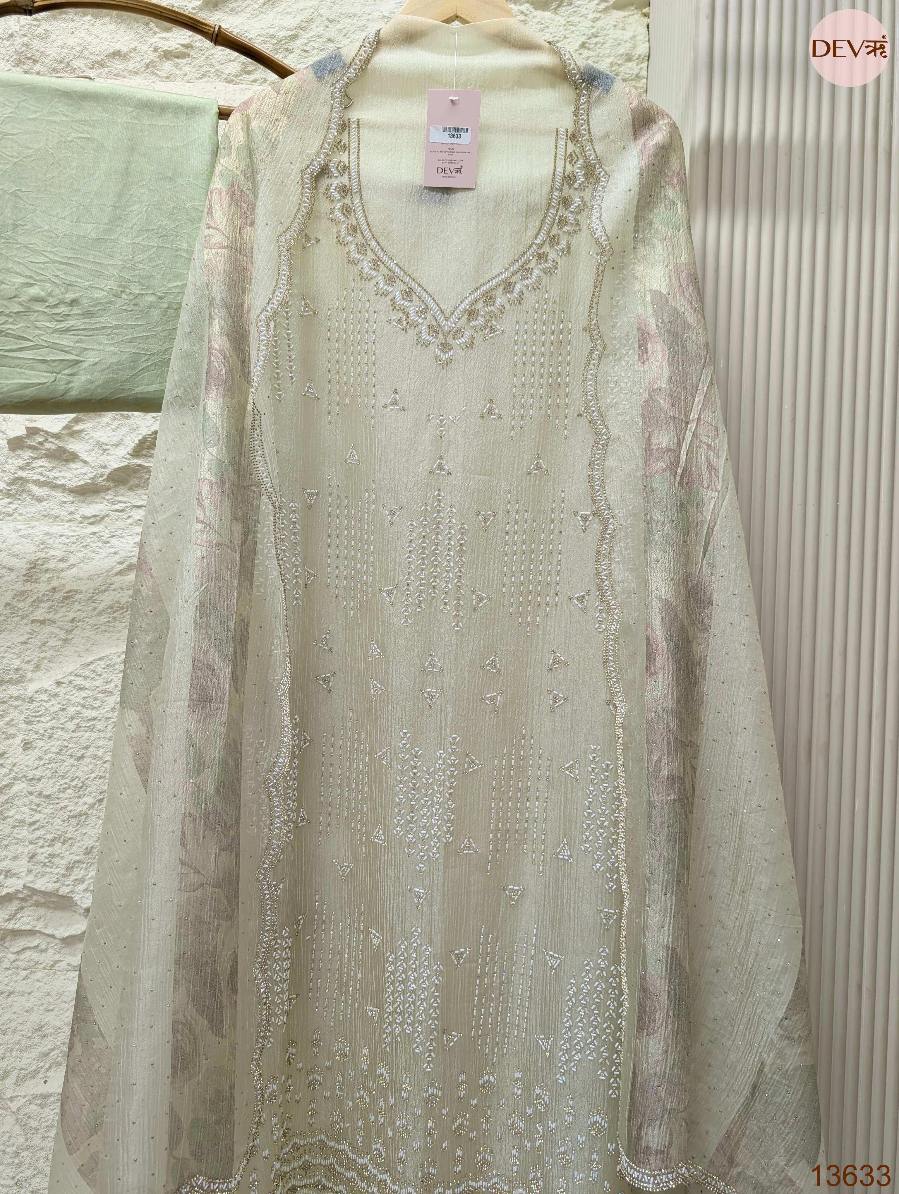 Sage Pure Crush Silk Embroidered Unstitched 3-Piece Suit (Devri – D.No 13633)