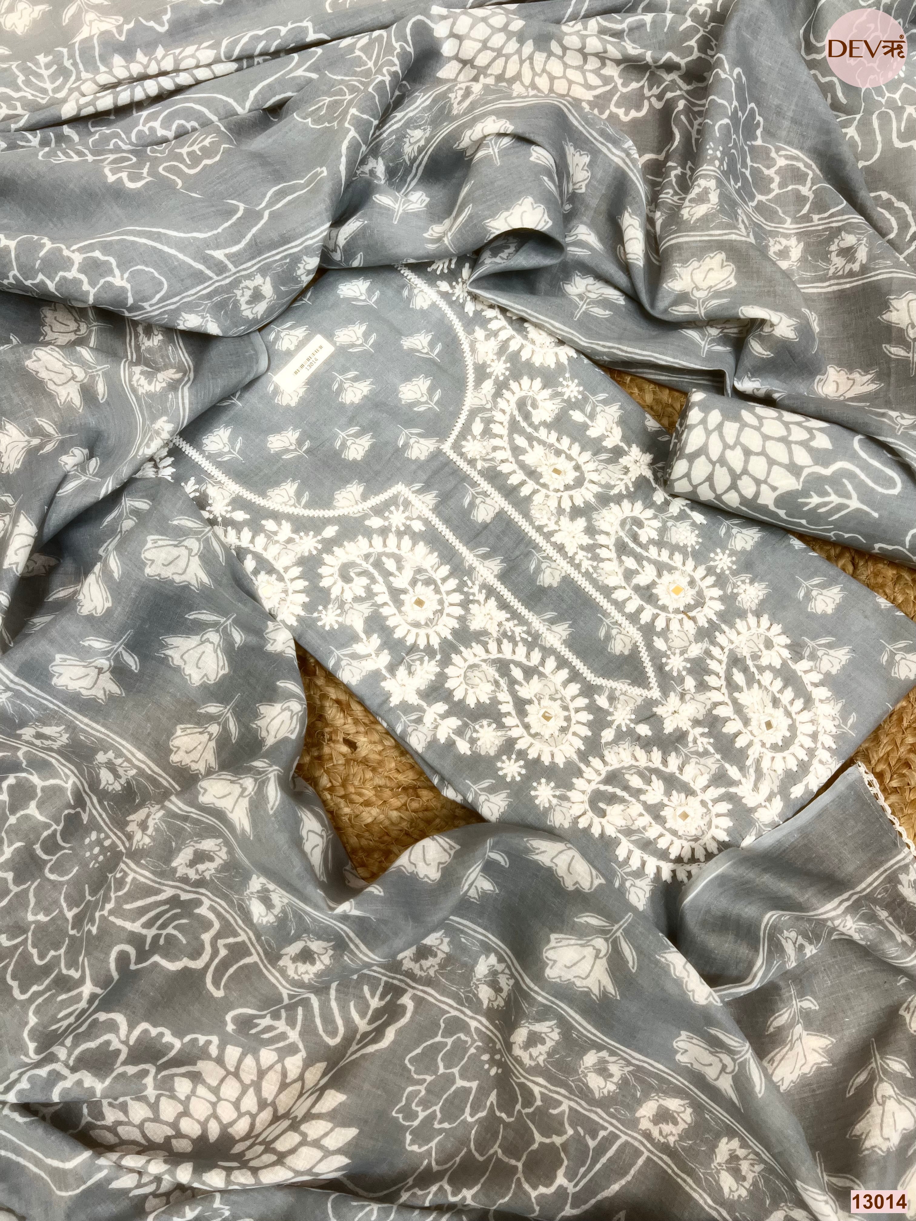 Grey Cotton Embroidered Unstitched 3-Piece Suit (Devri – D.No 13014)