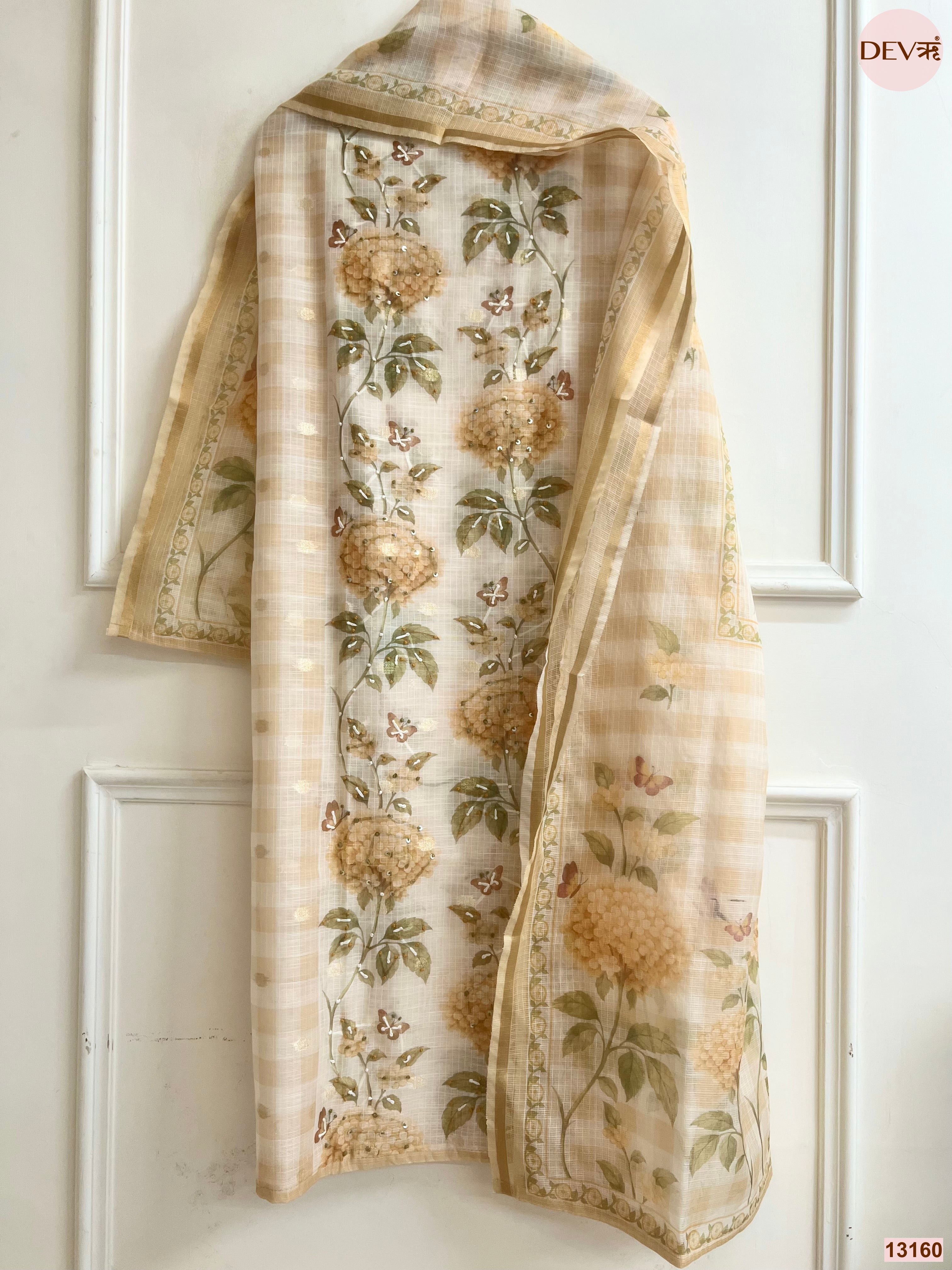 Beige Kota Printed Unstitched 3-Piece Suit (Devri – D.No 13160)