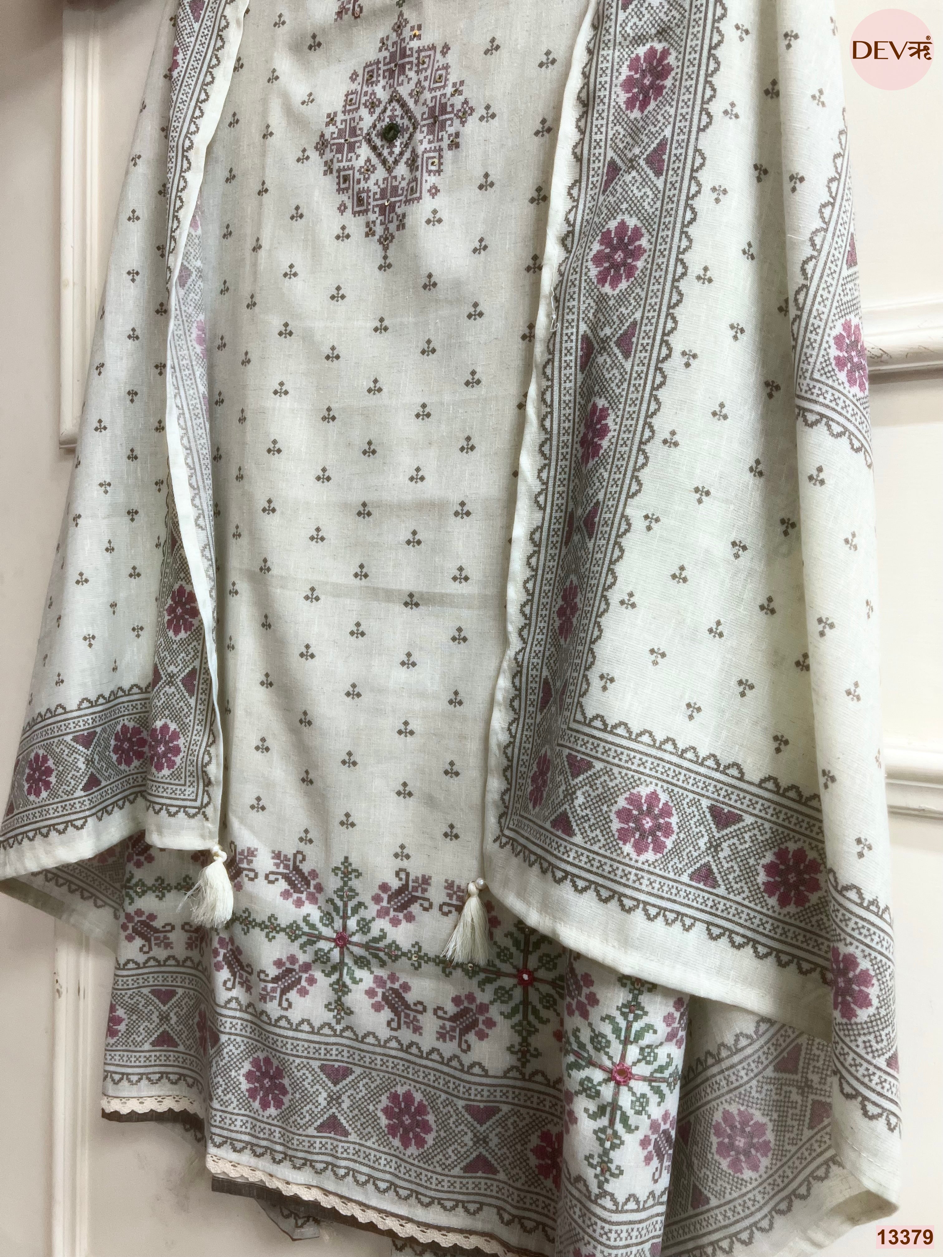 Off White Khadi Cotton Printed Unstitched 3-Piece Suit (Devri – D.No 13379)