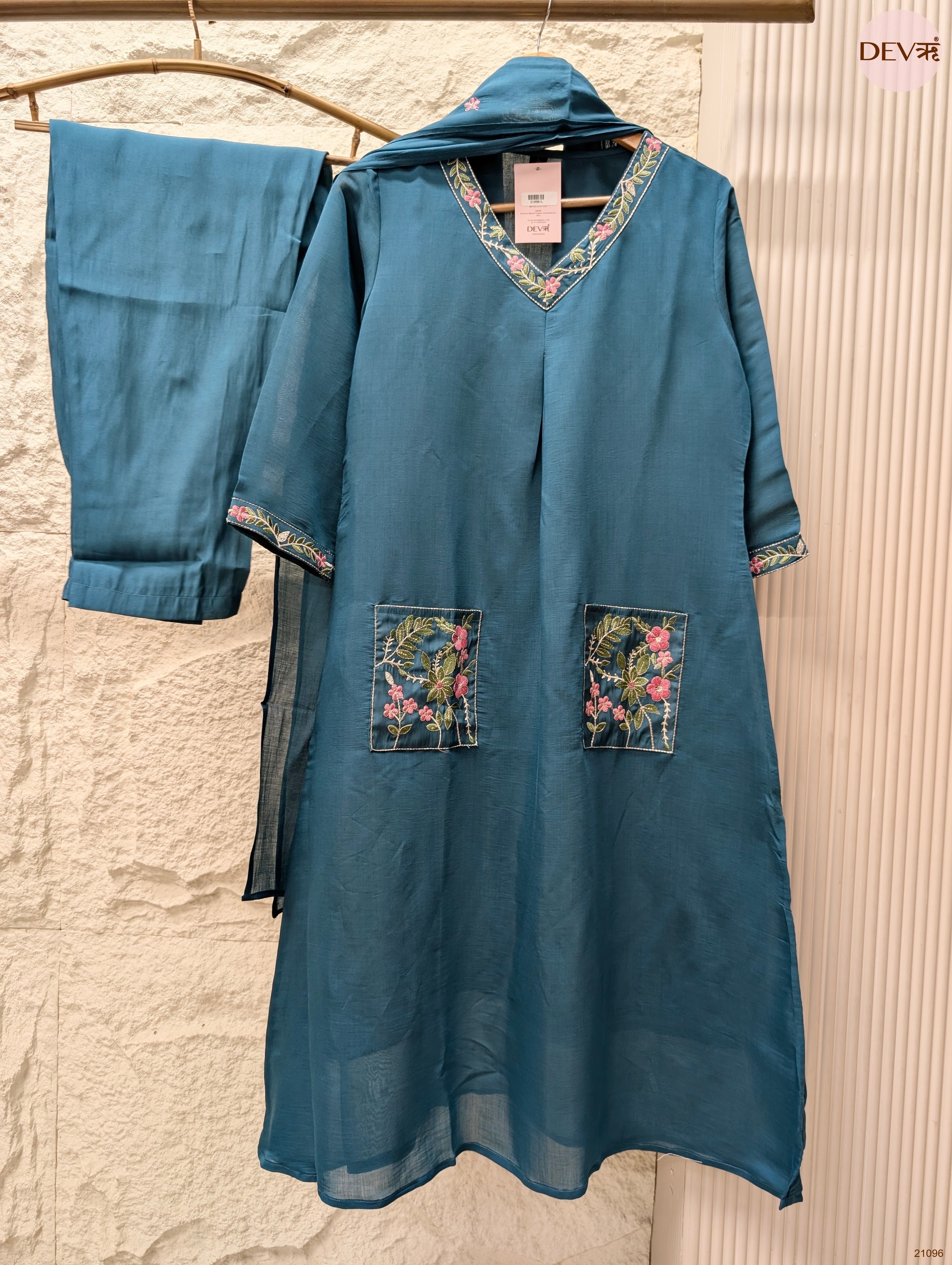 Meher Mul Chanderi Embroidered Teal 3-Piece Set (Devri – D.No 21096)