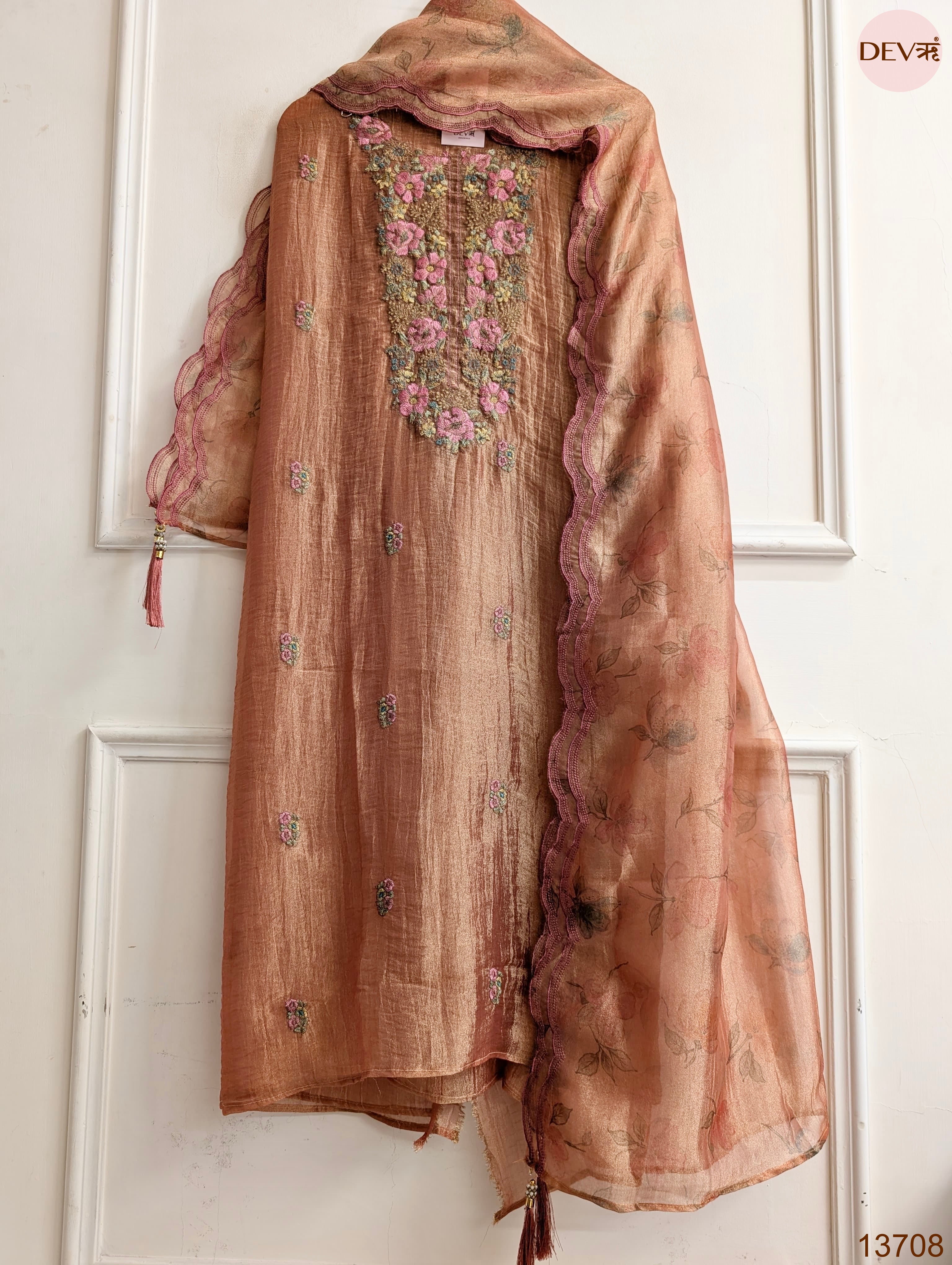 Peach Crush Tissue Silk Embroidered Unstitched 3-Piece Suit (Devri – D.No 13708)