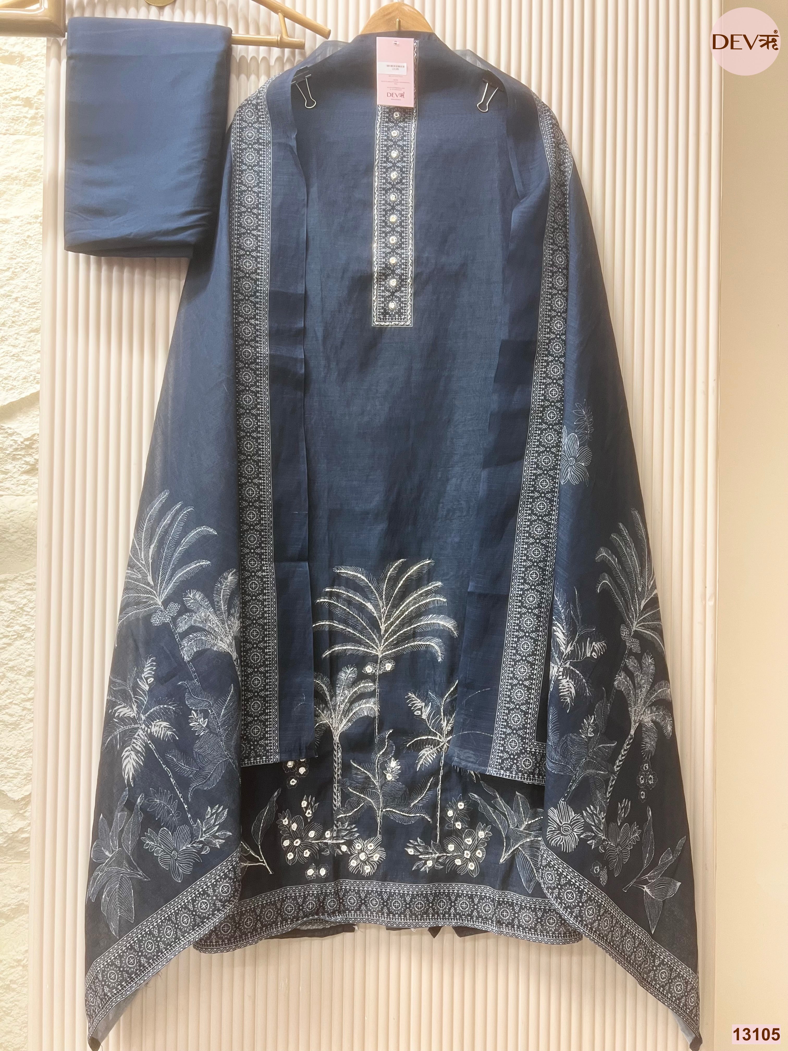 Navy Linen Cotton Printed Unstitched 3-Piece Suit (Devri – D.No 13105)