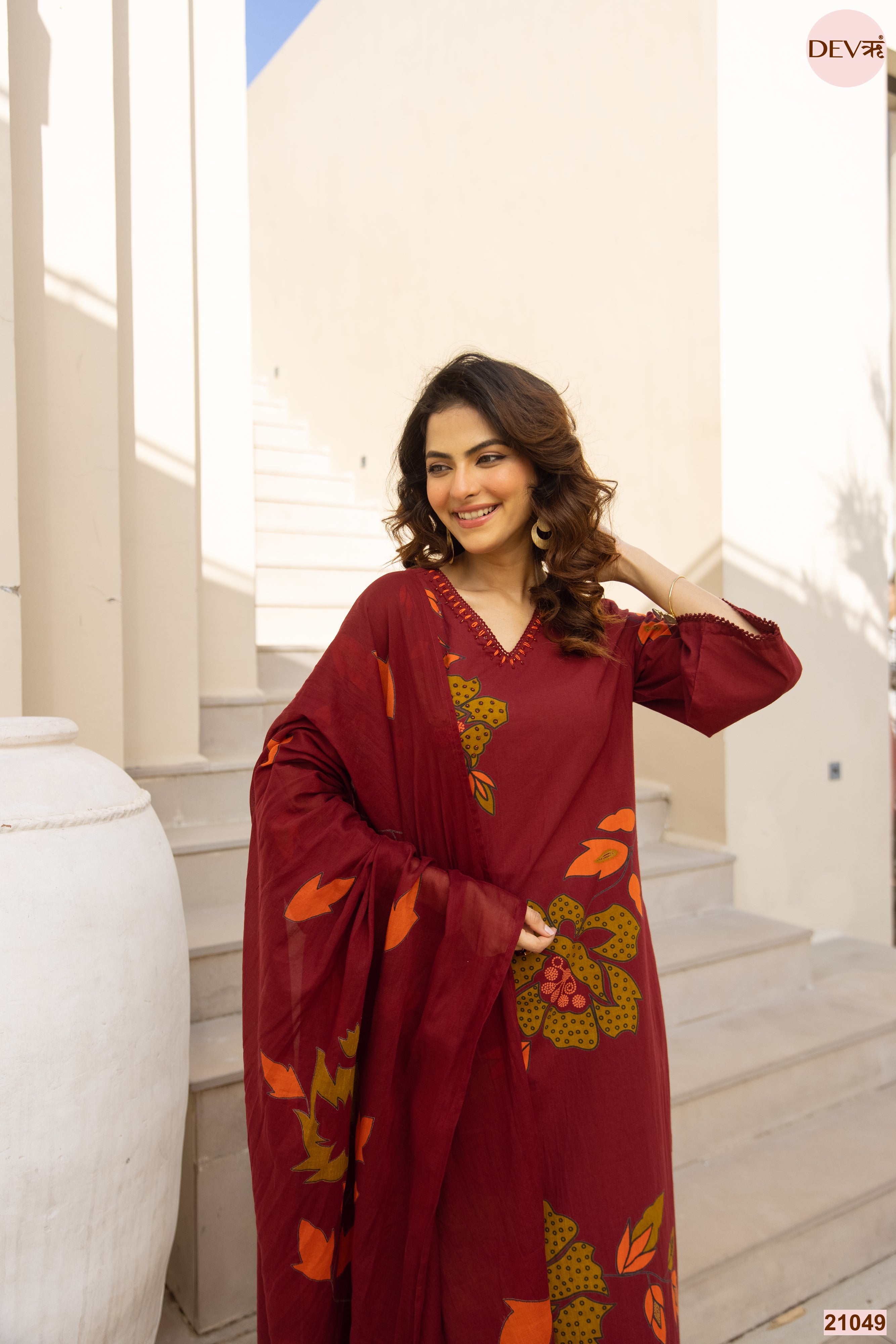 Gulnaar Cotton Slub Printed Maroon 3-Piece Set (Devri – D.No 21049)