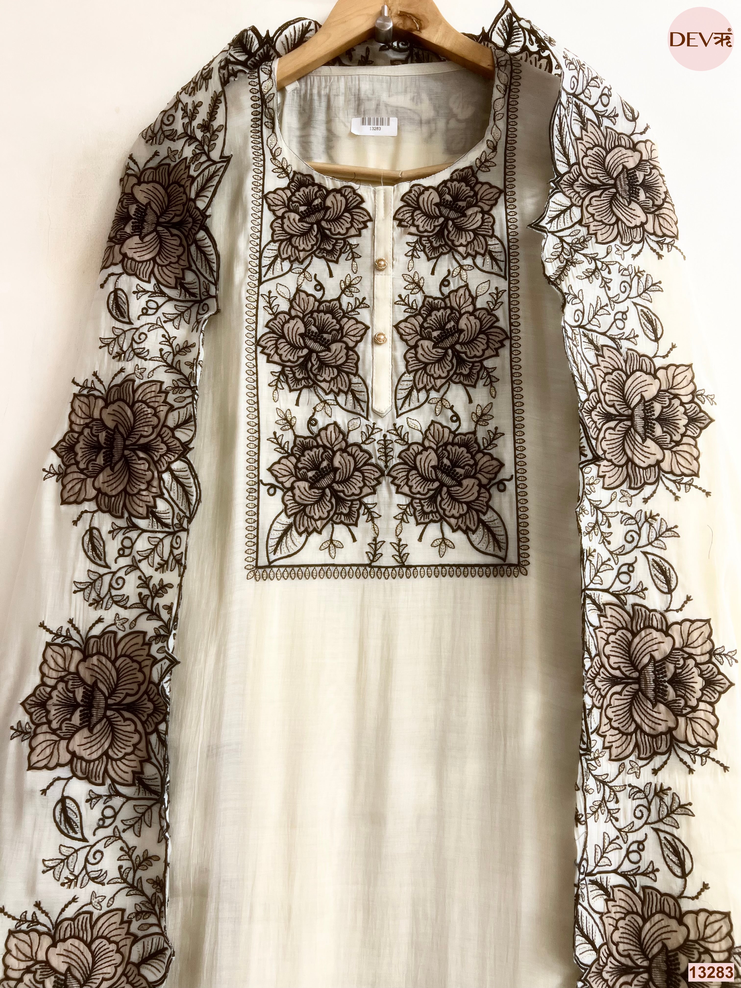 Cream Mul Cotton Embroidered Unstitched 3-Piece Suit (Devri – D.No 13283)
