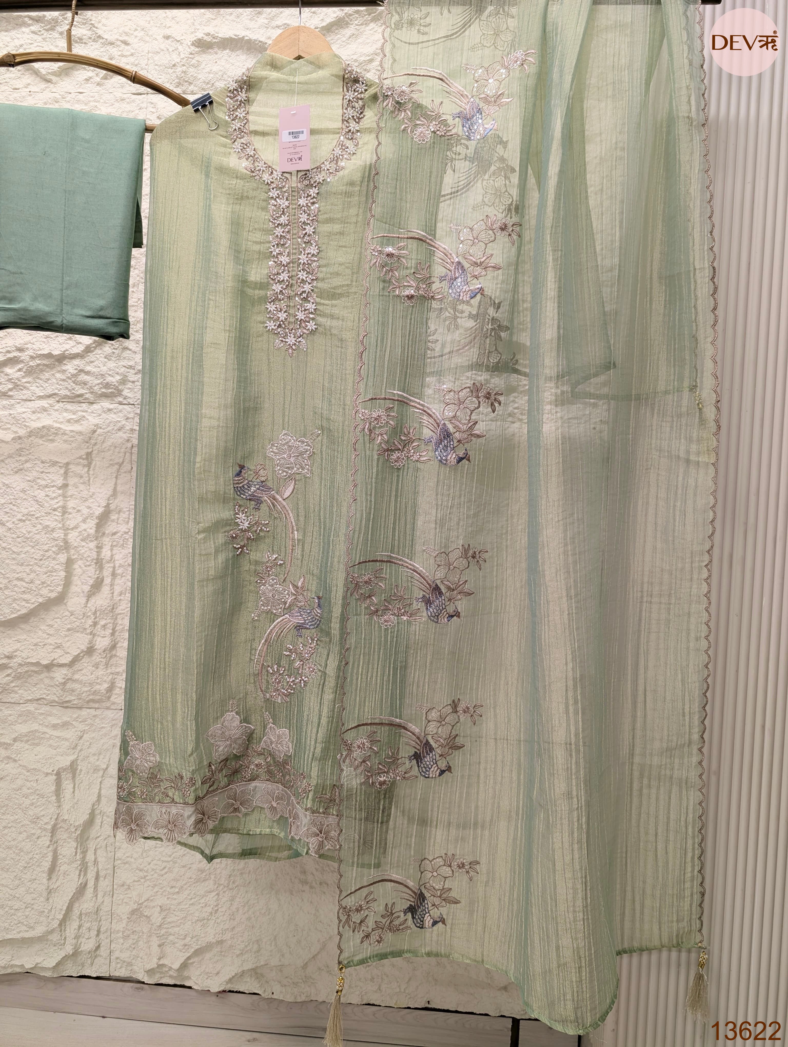 Green Tissue Crush Silk Embroidered Unstitched 3-Piece Suit (Devri – D.No 13622)