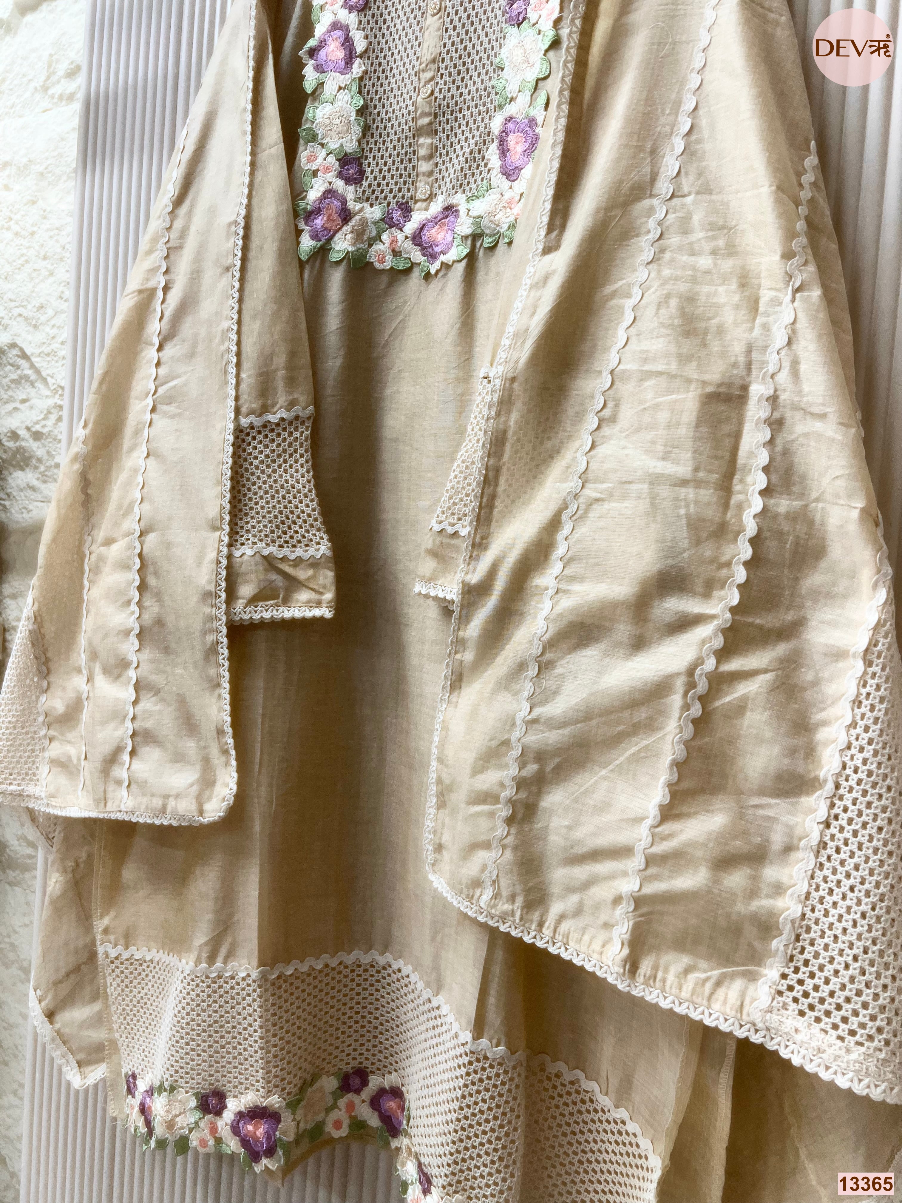 Beige Mul Chanderi Embroidered Unstitched 3-Piece Suit (Devri – D.No 13365)