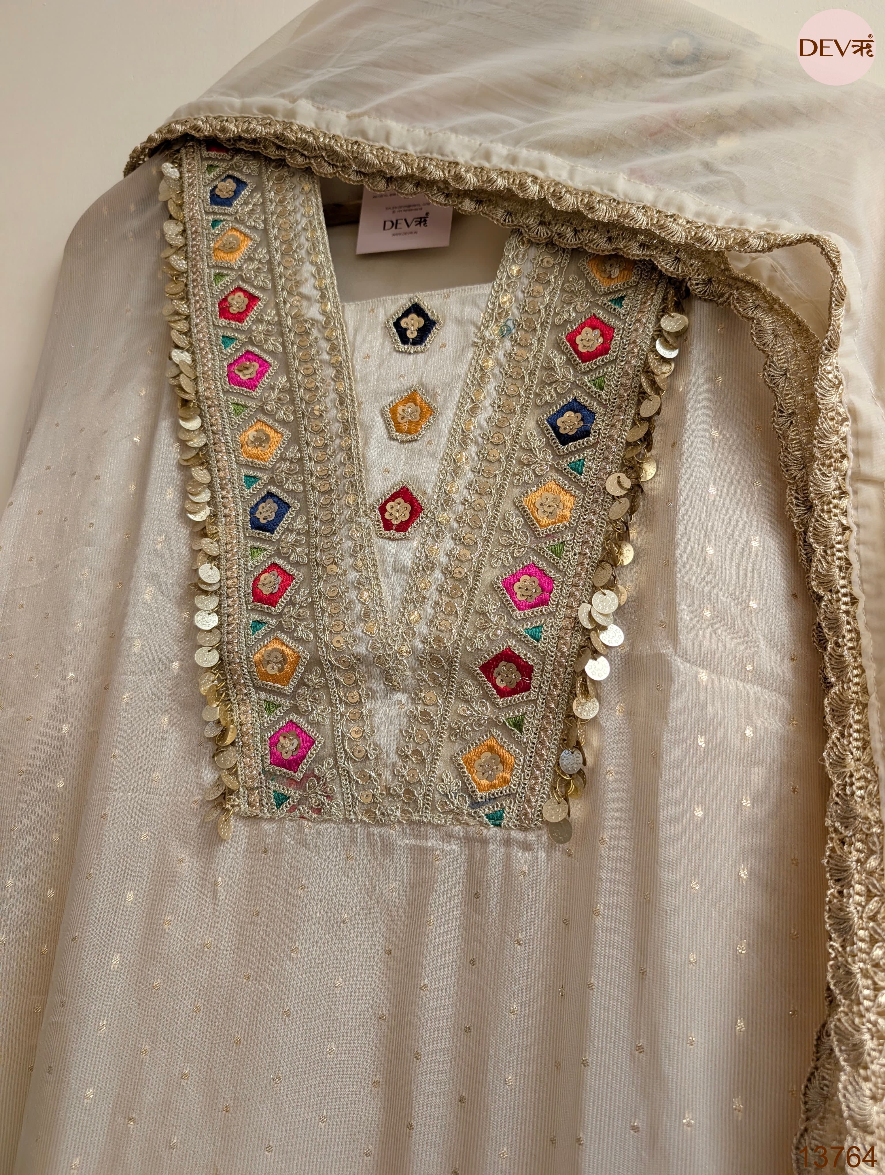 Off White Pure tissue silk Embroidered Unstitched 3-Piece Suit (Devri – D.No 13764)