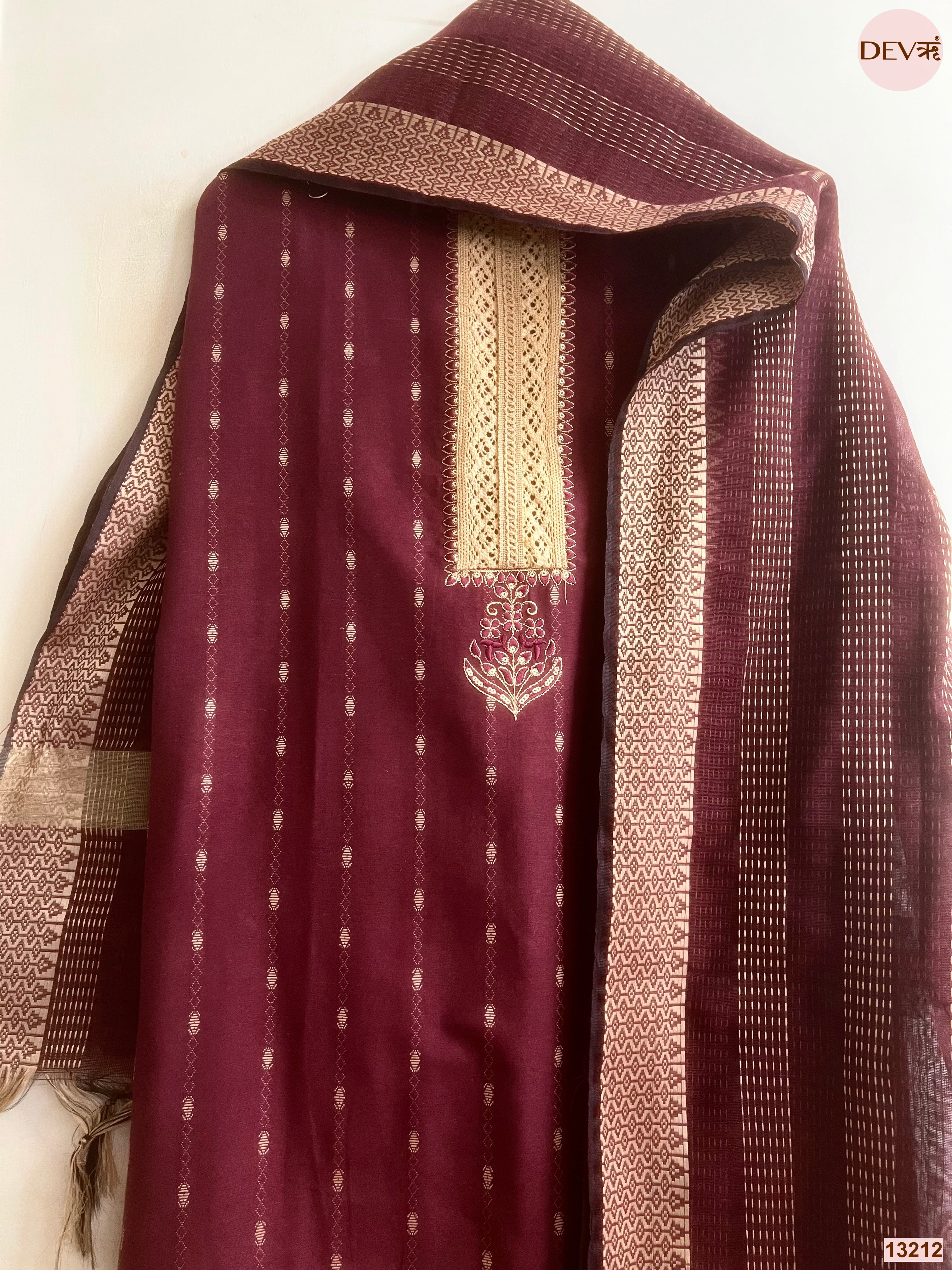 Maroon Cotton Handloom Printed Unstitched 3-Piece Suit (Devri – D.No 13212)