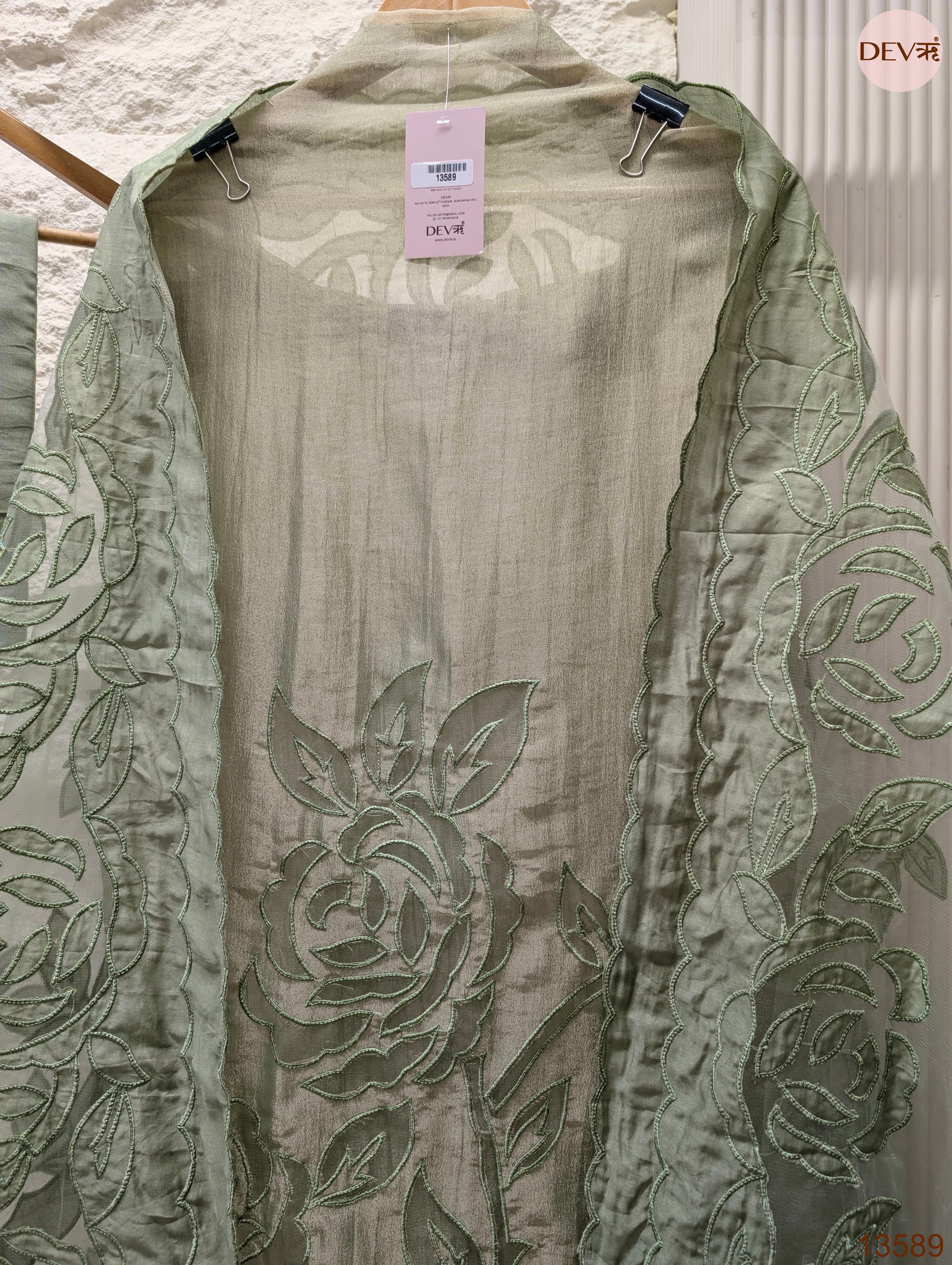 Sage Tissue Crush Silk Embroidered Unstitched 3-Piece Suit (Devri – D.No 13589)