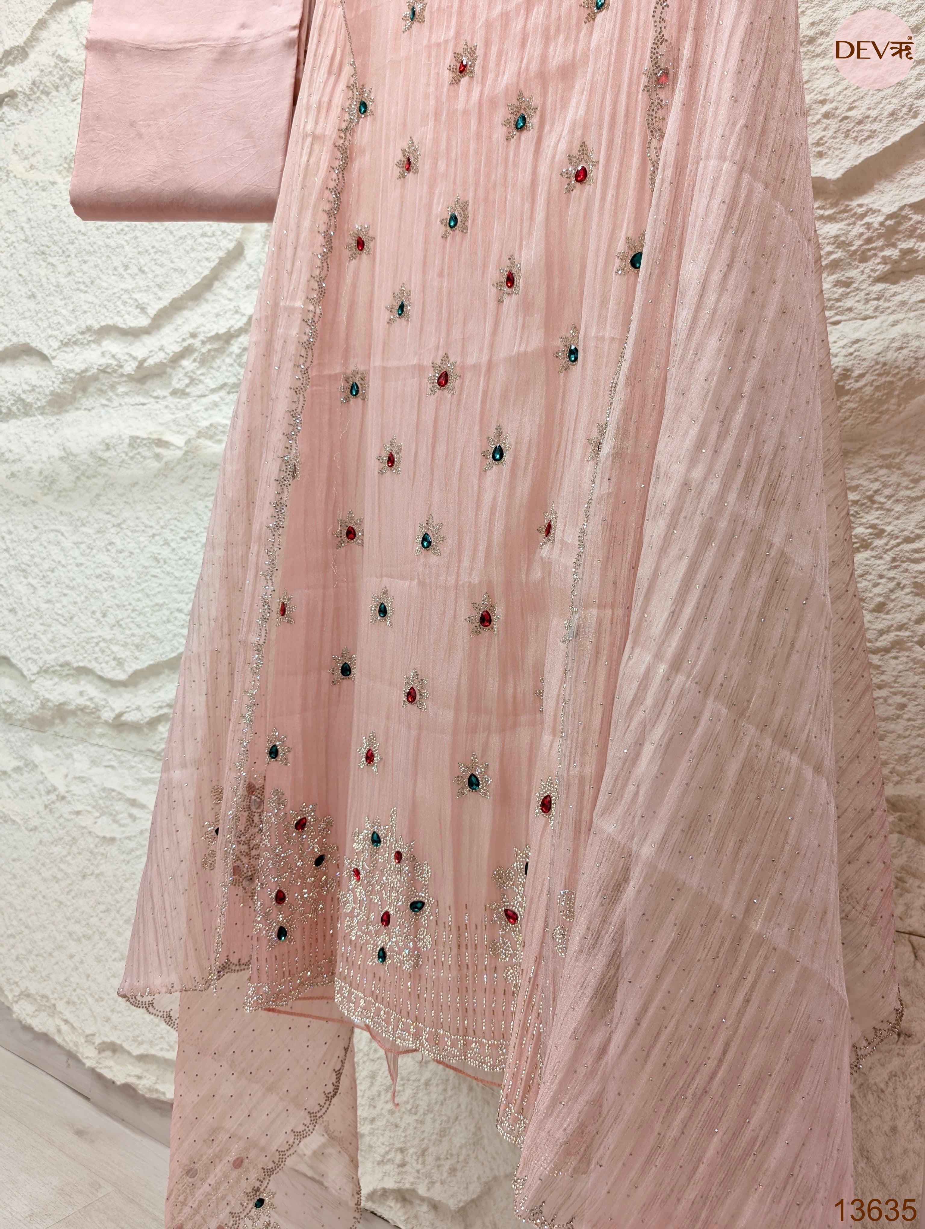 Pink Pure Organza Silk Embroidered Unstitched 3-Piece Suit (Devri – D.No 13635)
