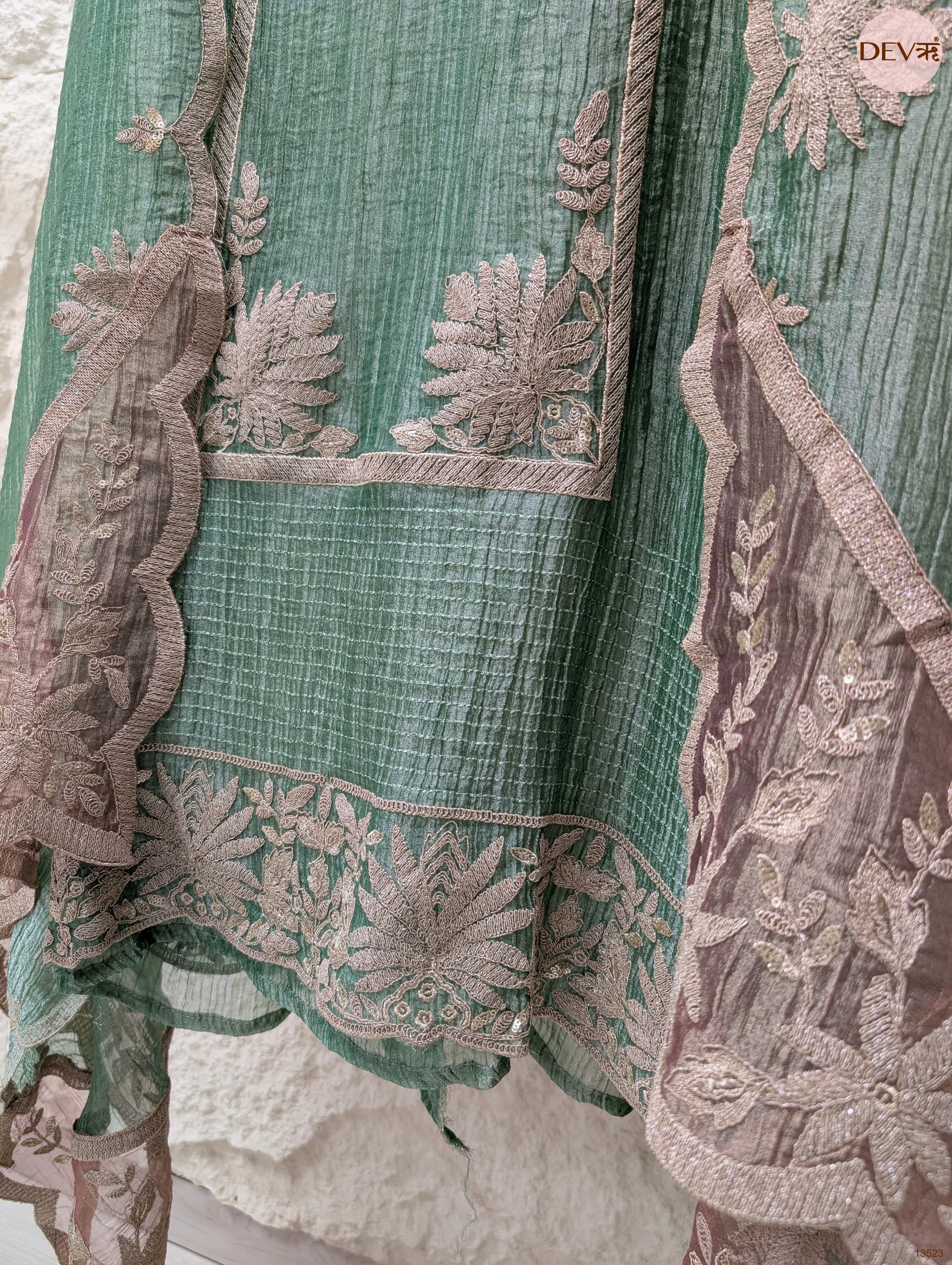 Green Tissue Crush Silk Embroidered Unstitched 3-Piece Suit (Devri – D.No 13523)