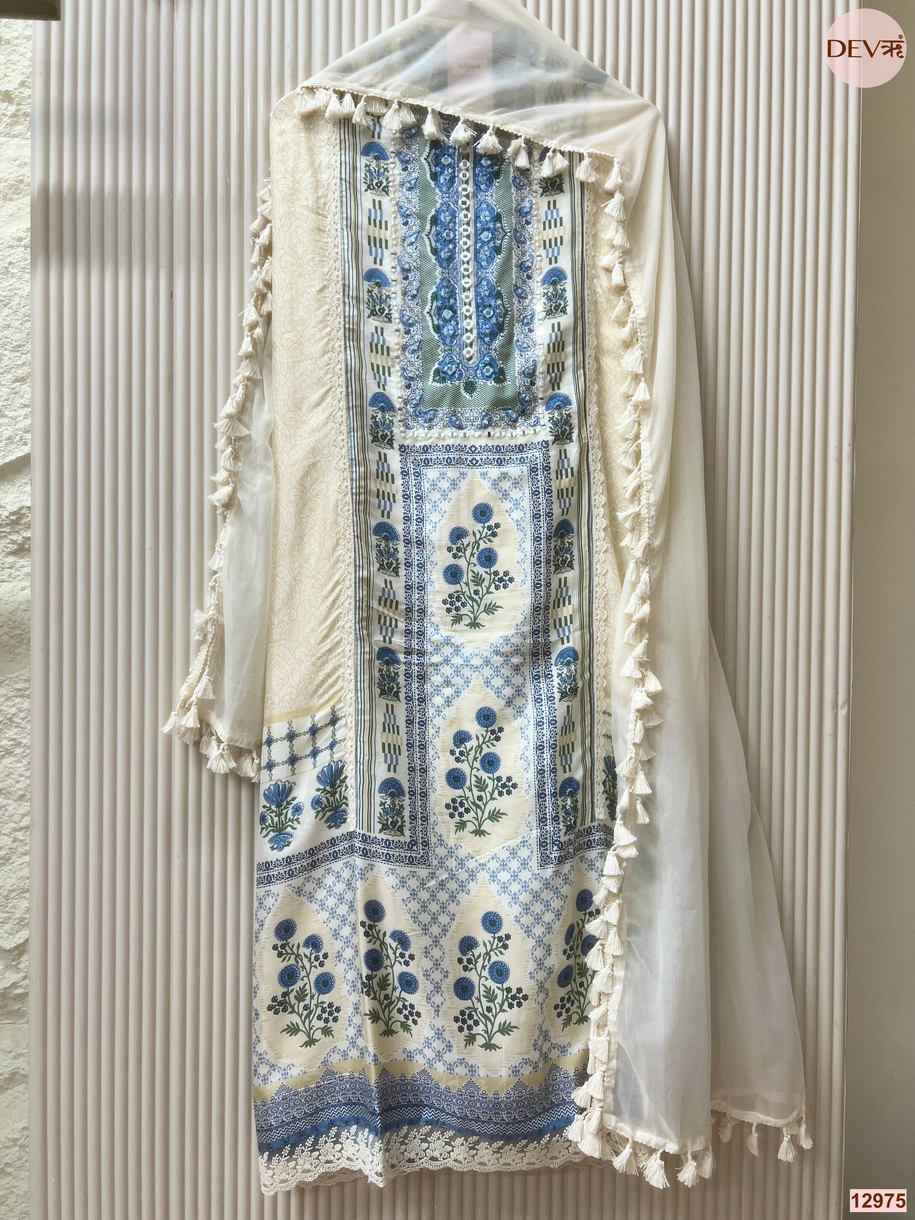 Cream Muslin Printed Unstitched 3-Piece Suit (Devri – D.No 12975)