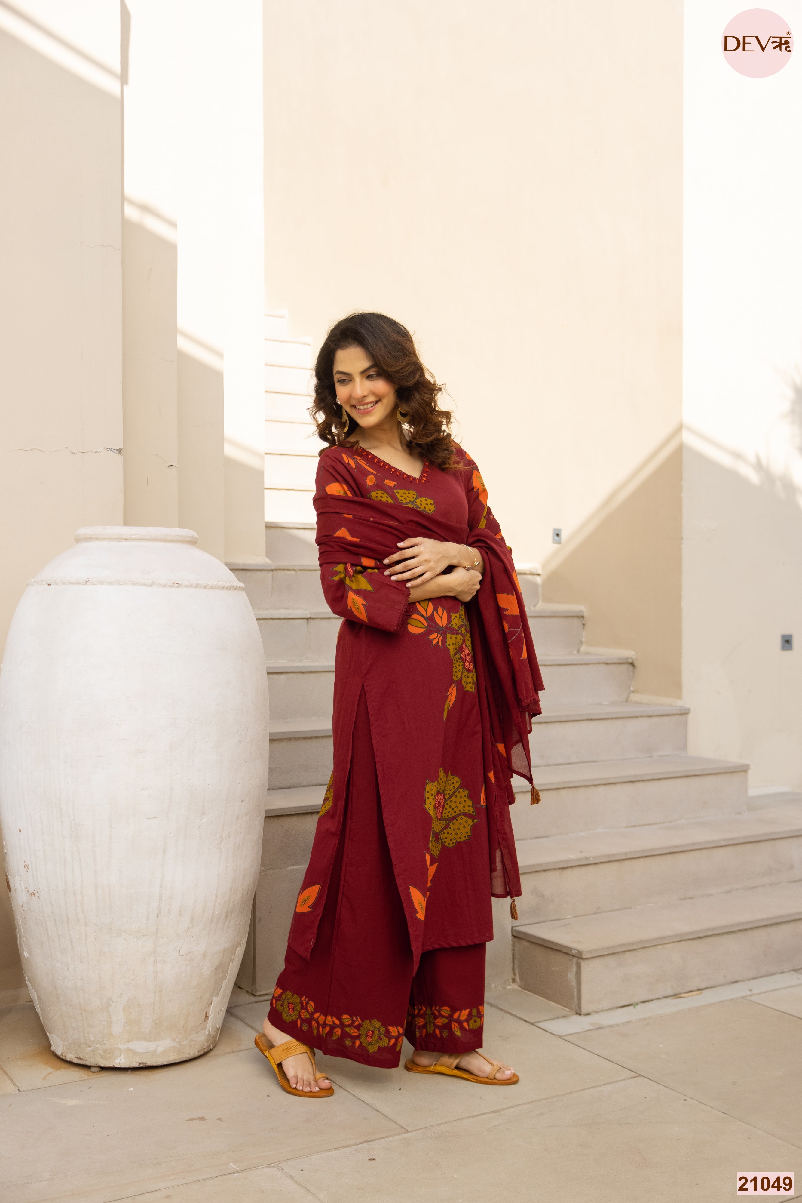 Gulnaar Cotton Slub Printed Maroon 3-Piece Set (Devri – D.No 21049)