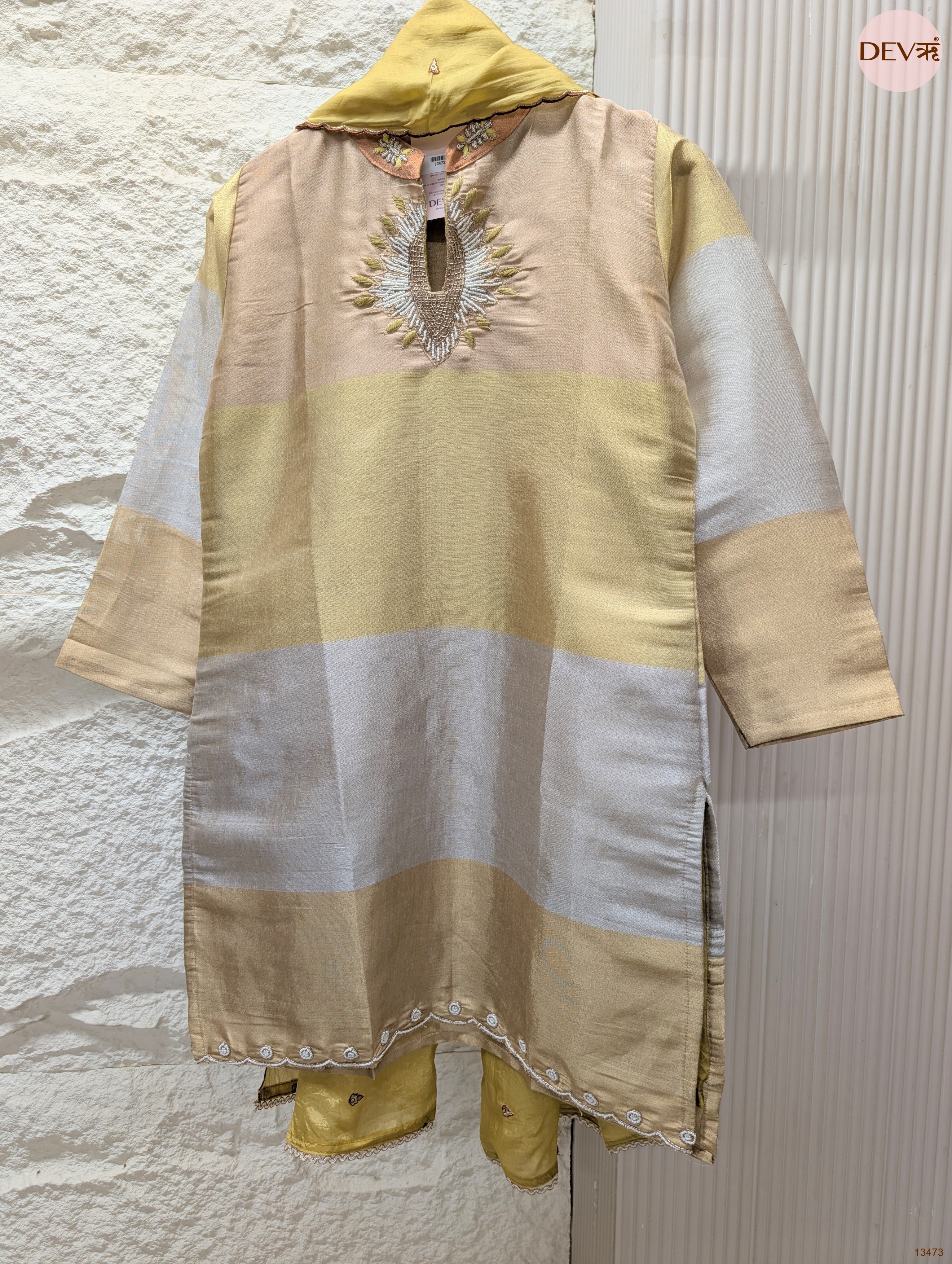 Vasanti Tissue silk Embroidered Pastel Yellow 3-Piece Set (Devri – D.No 13473)